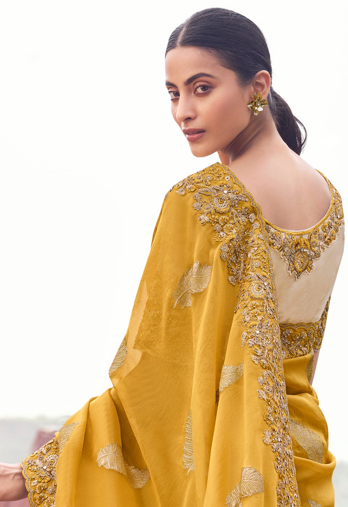 Yellow Saree With  Jacquard Woven With Embroidered Border & Blouse