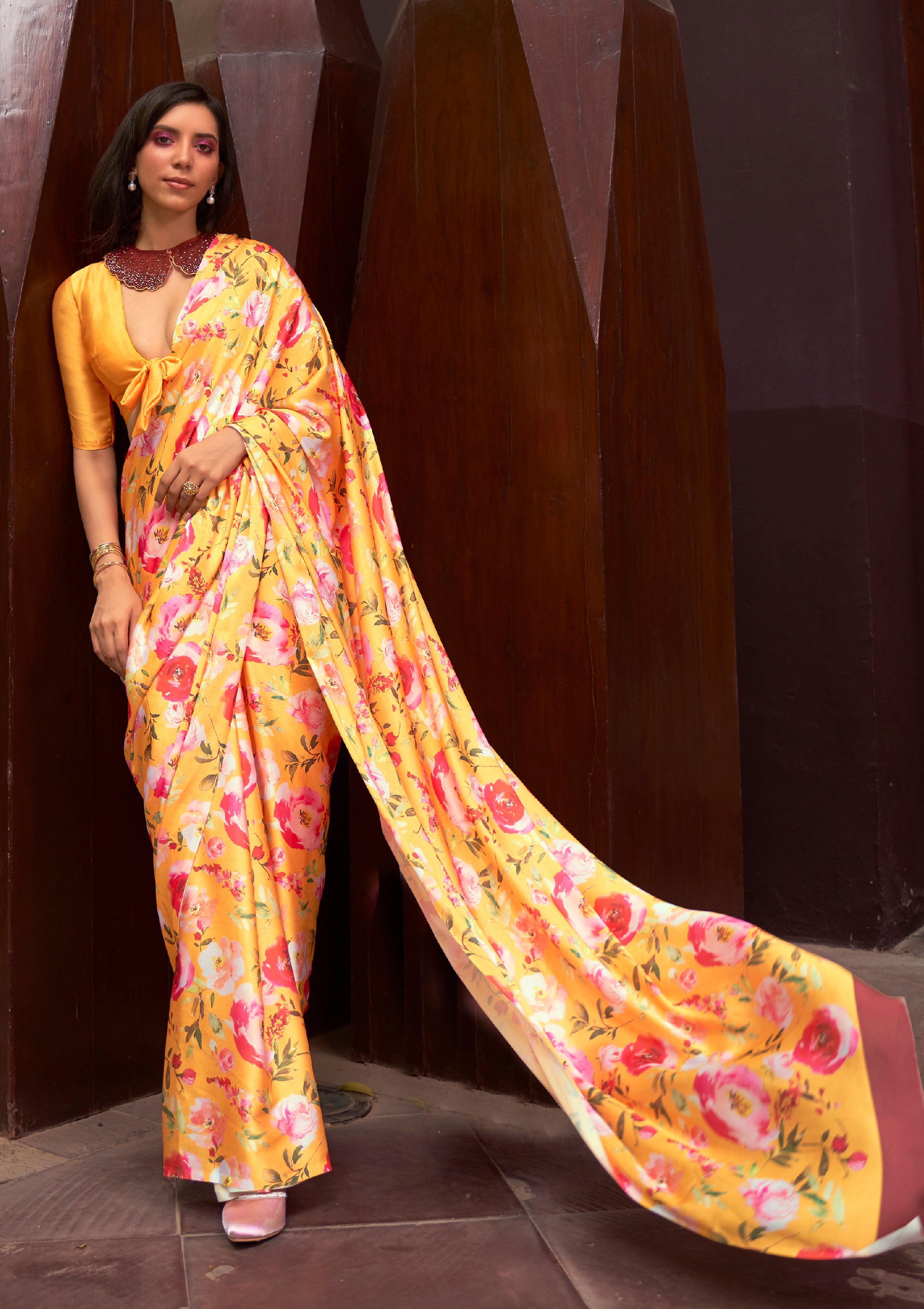 Yellow Satin Crepe  Saree With Digital Printed Work