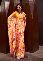 Yellow Satin Crepe  Saree With Digital Printed Work