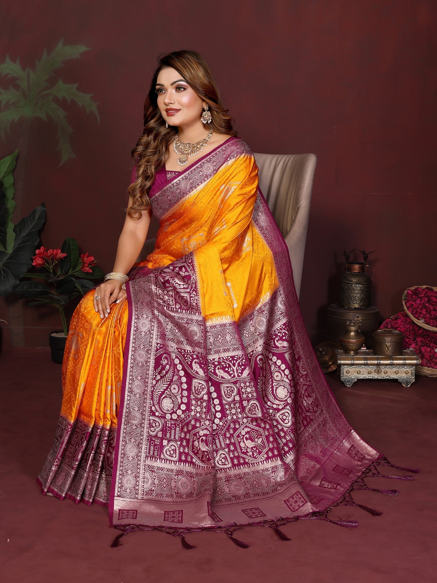 Yellow Satin Silk Saree With Zari Butta Designs