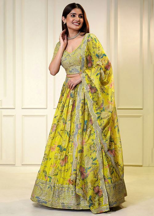 Yellow Sequins Organza Haldi Wear Lehenga Choli With Dupatta