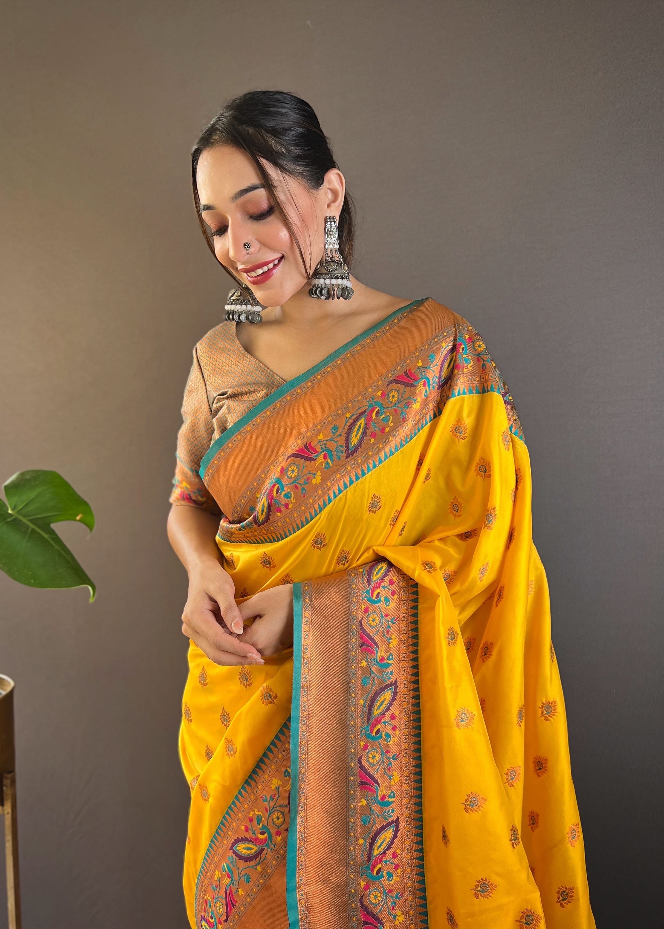 Yellow Silk Blend Paithani Saree
