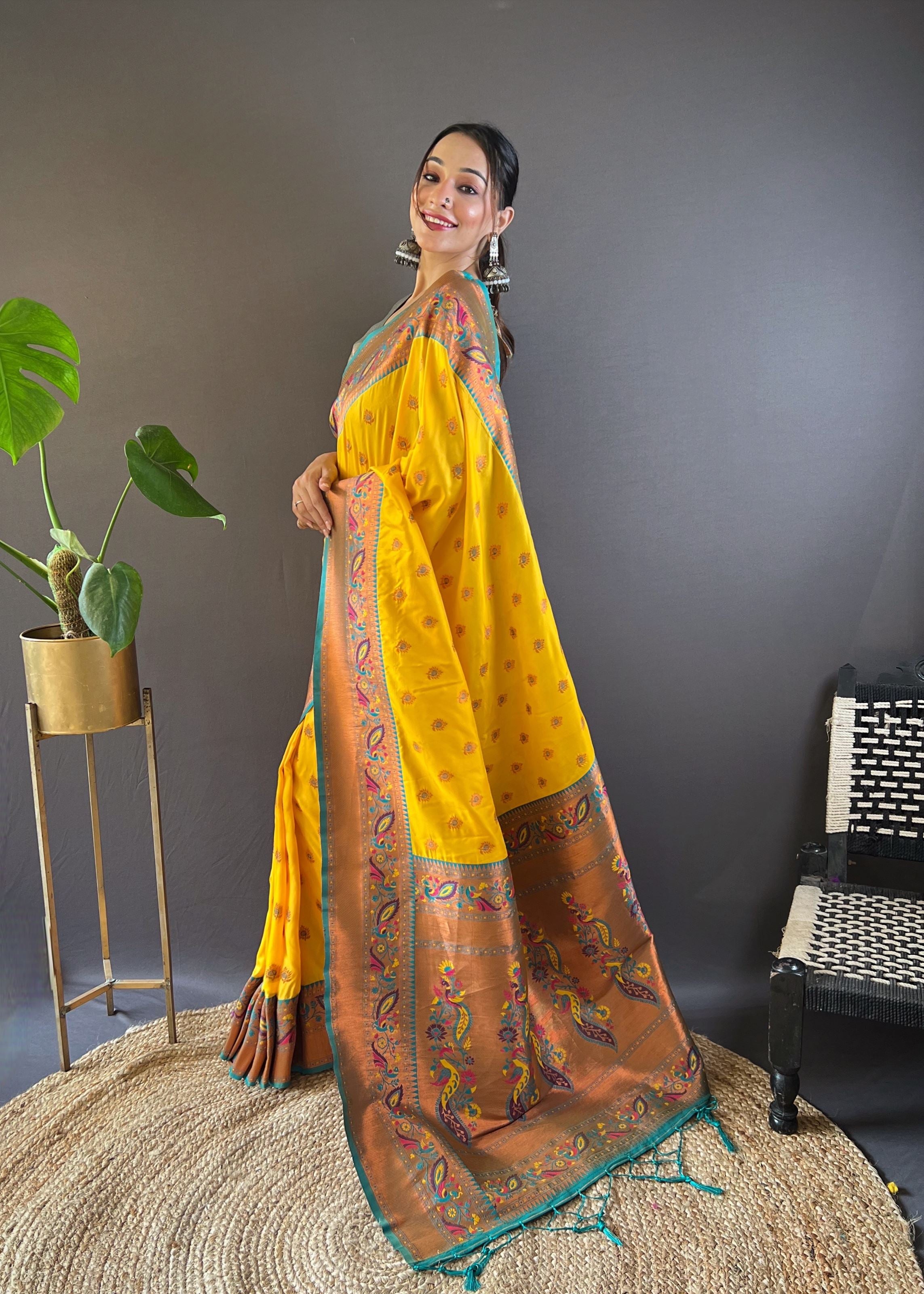 Yellow Silk Blend Paithani Saree