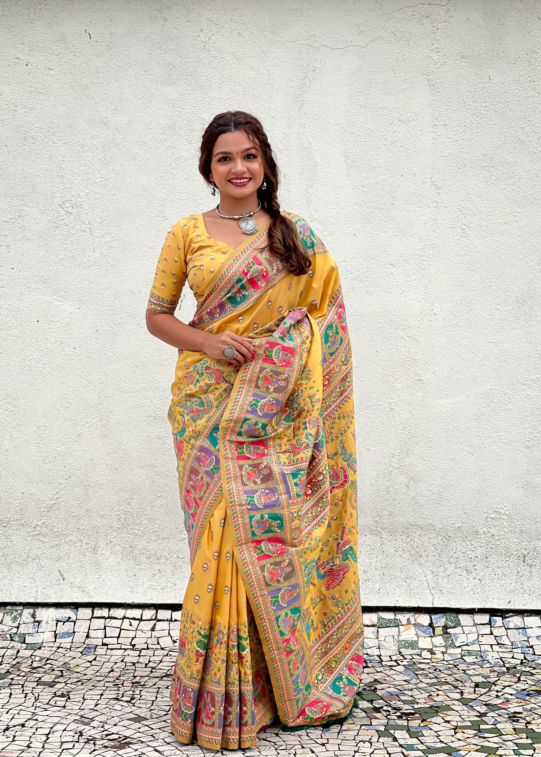 Yellow Silk Blend Saree With Meenakari Kashmiri woven Work