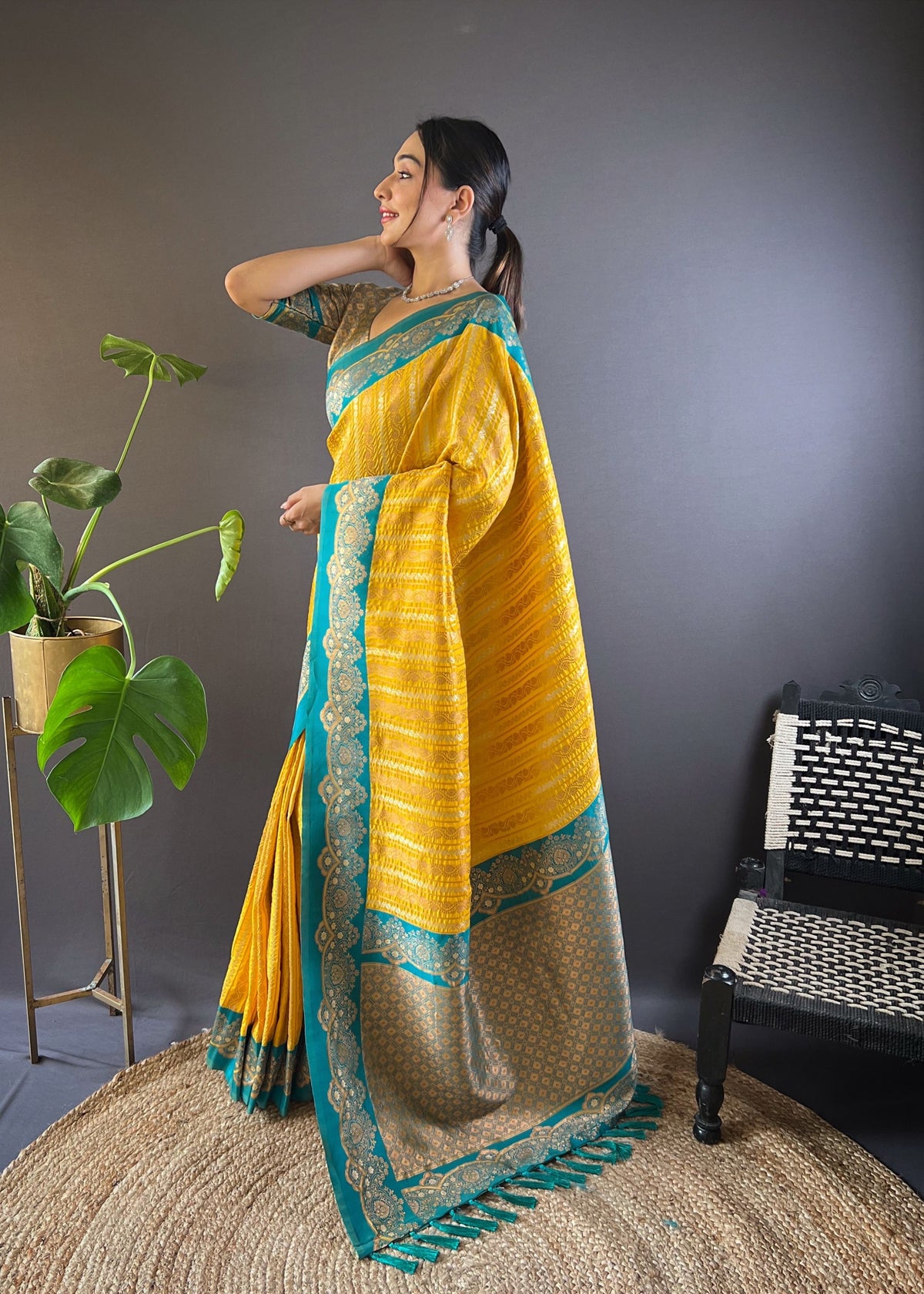 Yellow Silk Blend Saree With Zari and Woven Work