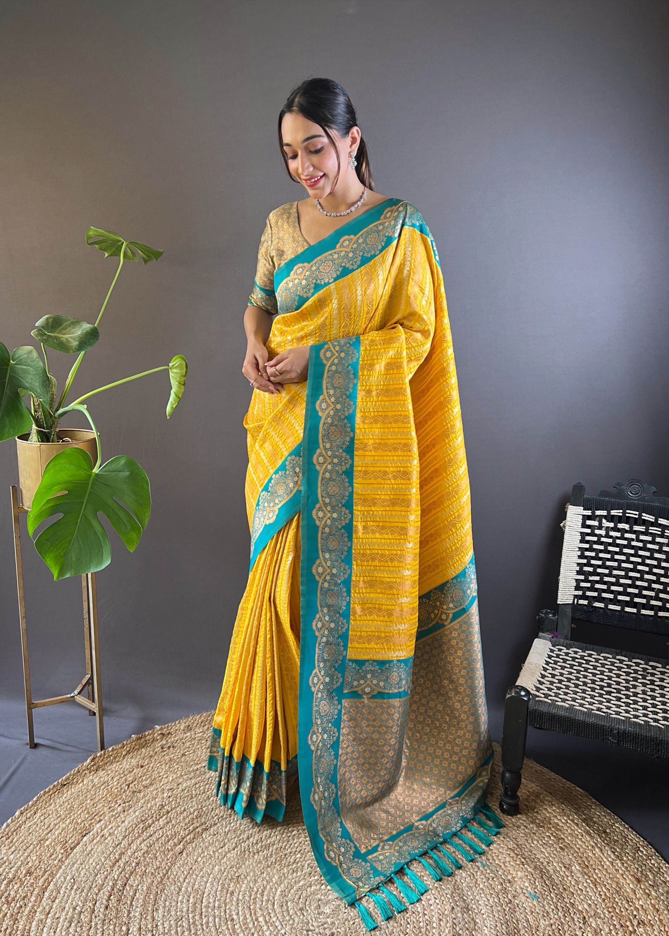 Yellow Silk Blend Saree With Zari and Woven Work