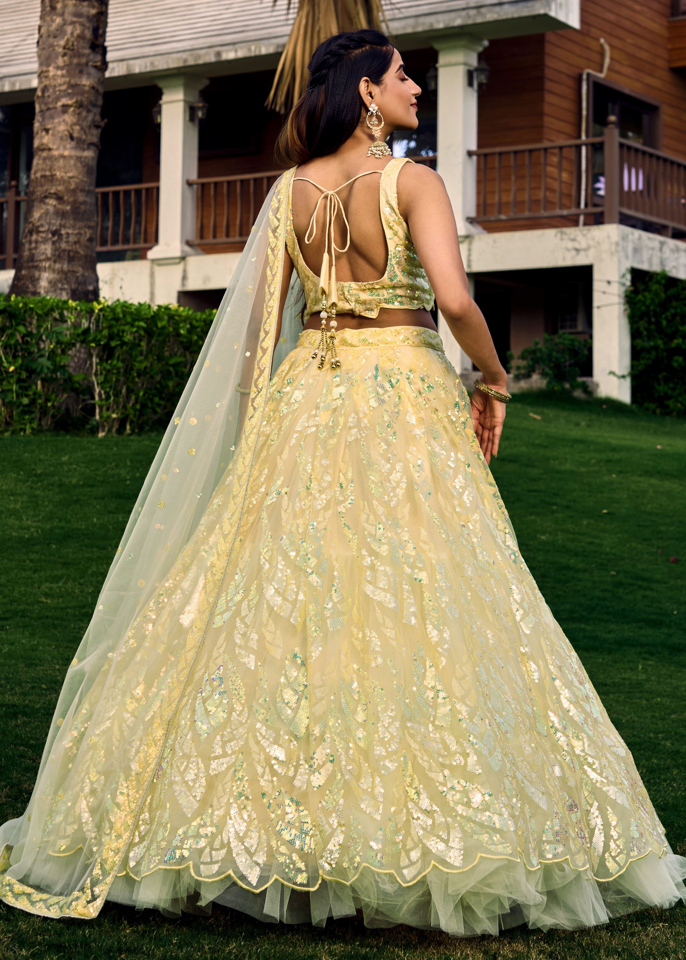 Yellow Soft Net Lehenga Choli With Multiple Sequins, Thread Embroidery Work