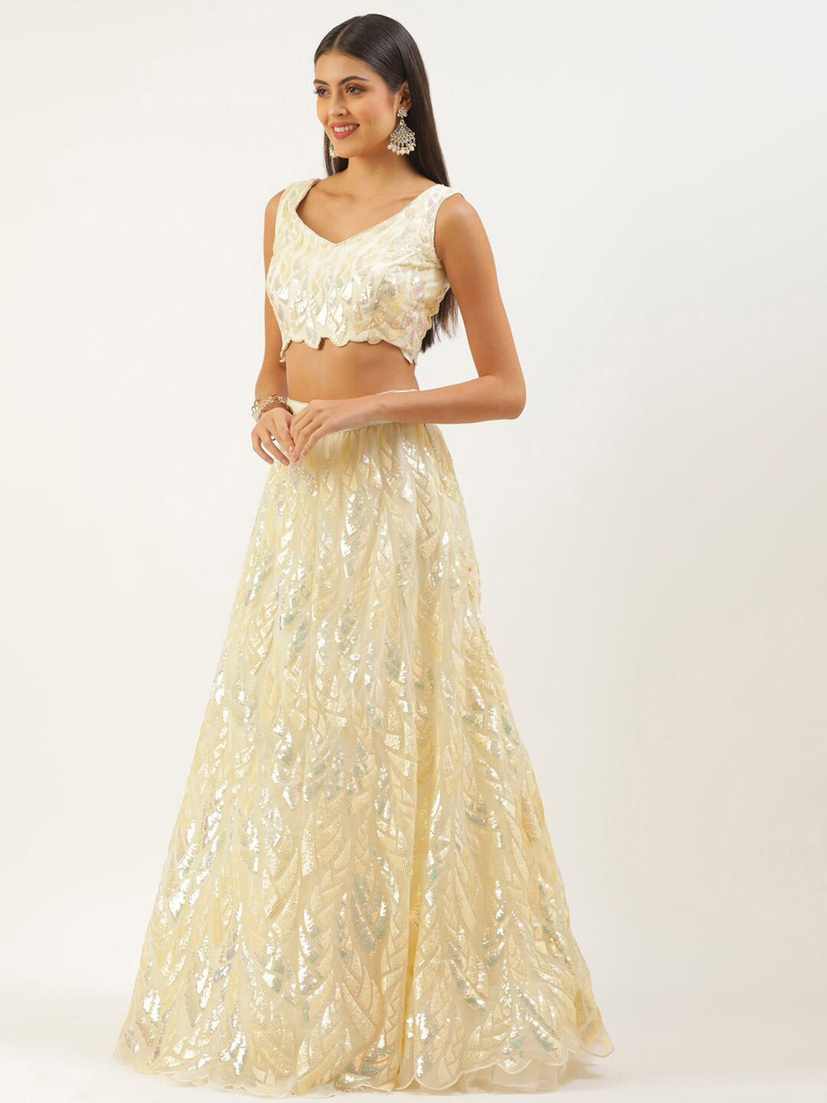 Yellow Soft Net Lehenga Choli With Multiple Sequins, Thread Embroidery Work