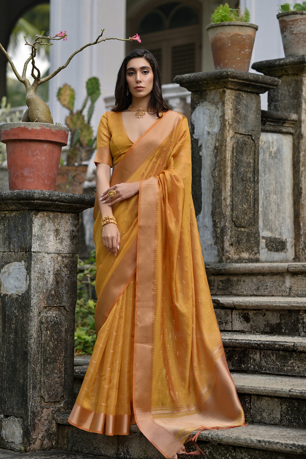 Yellow Soft Tussar Silk Saree with Butti and Zari Pallu