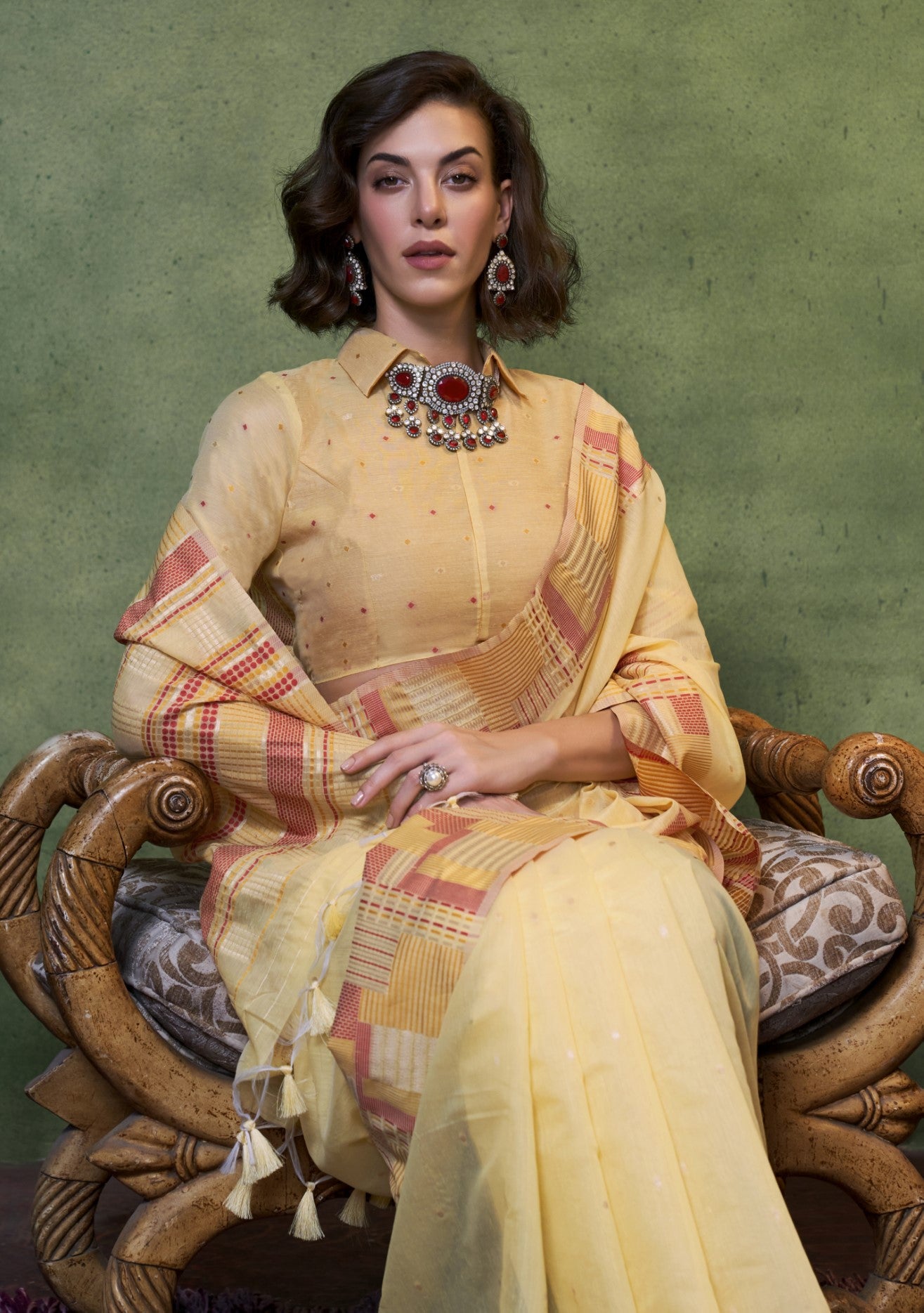 Yellow Spun Cotton Saree With  Jacquard Woven Work