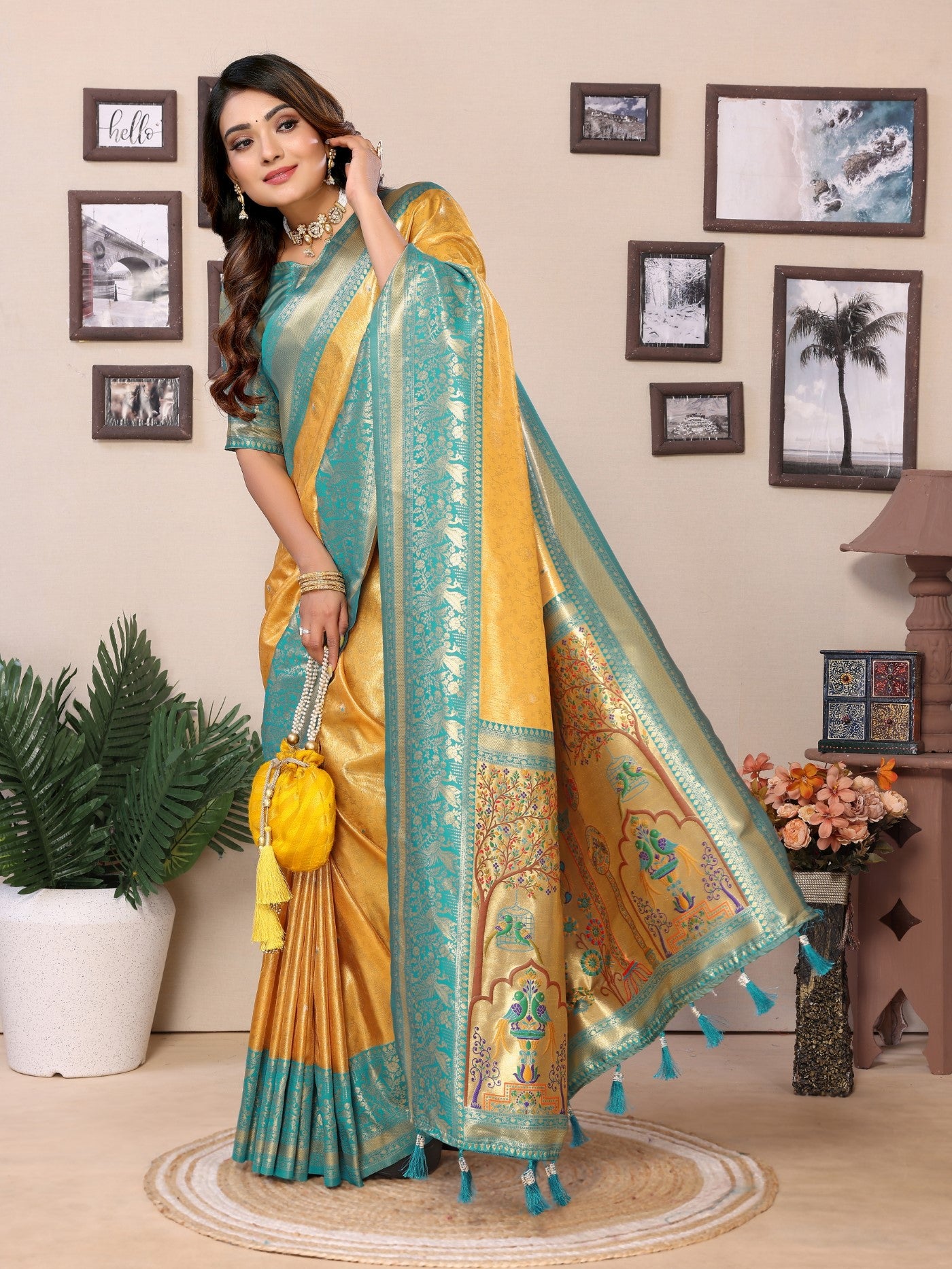Yellow Tissue Silk Saree With Classic Weaving
