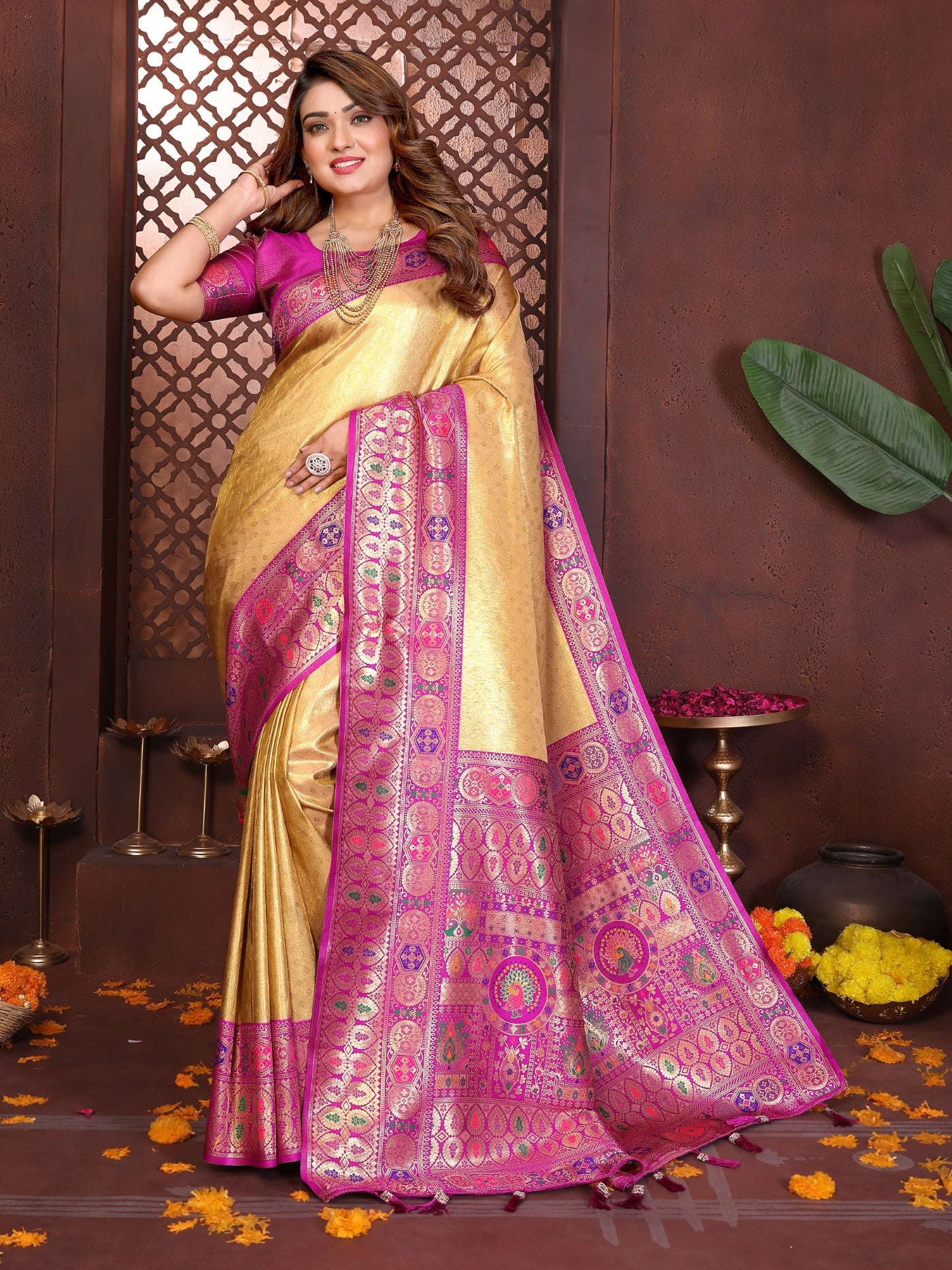 Yellow Tissue Silk Saree With Classic Weaving