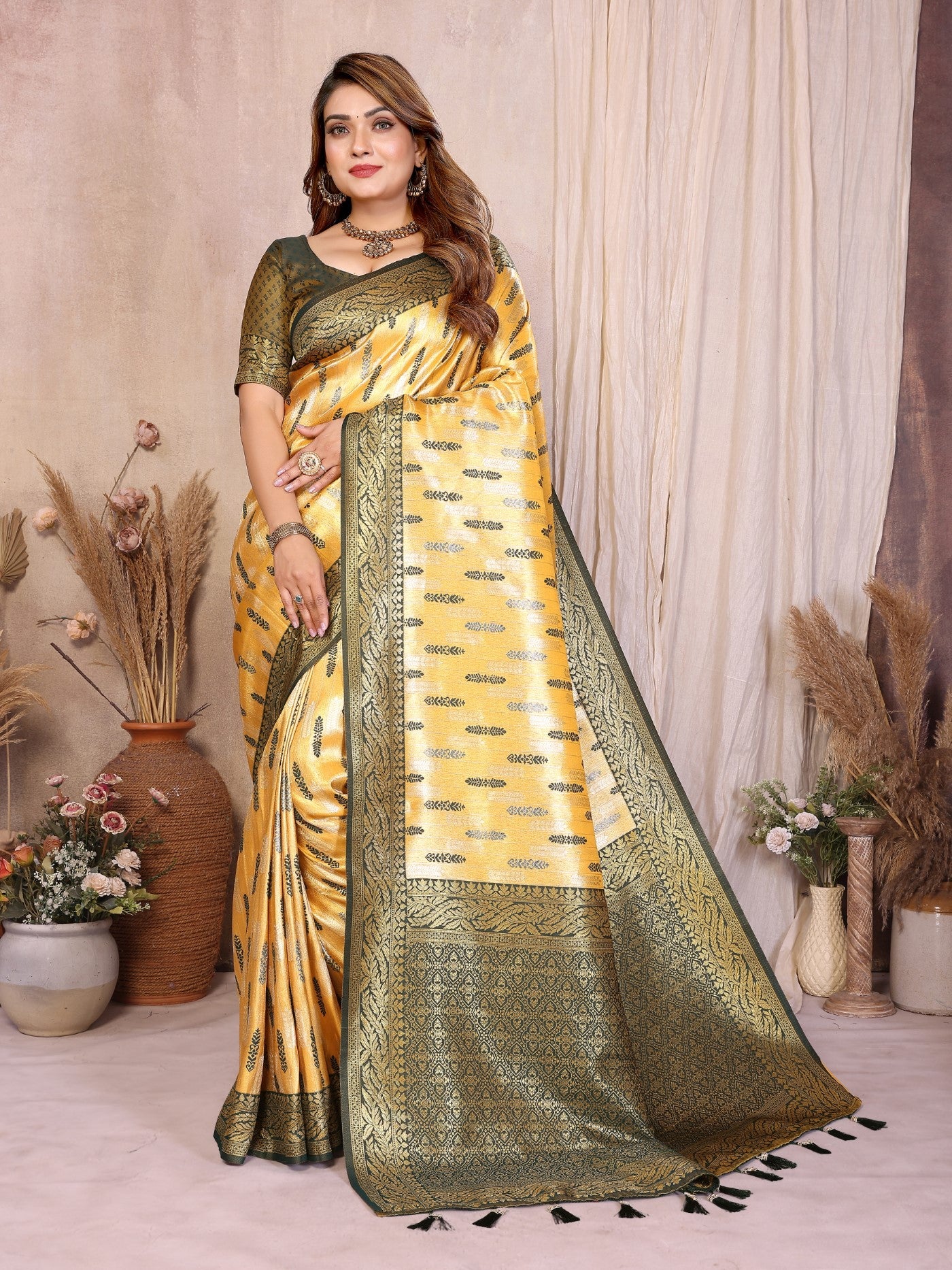 Yellow Tissue Silk Saree With Paithani Woven