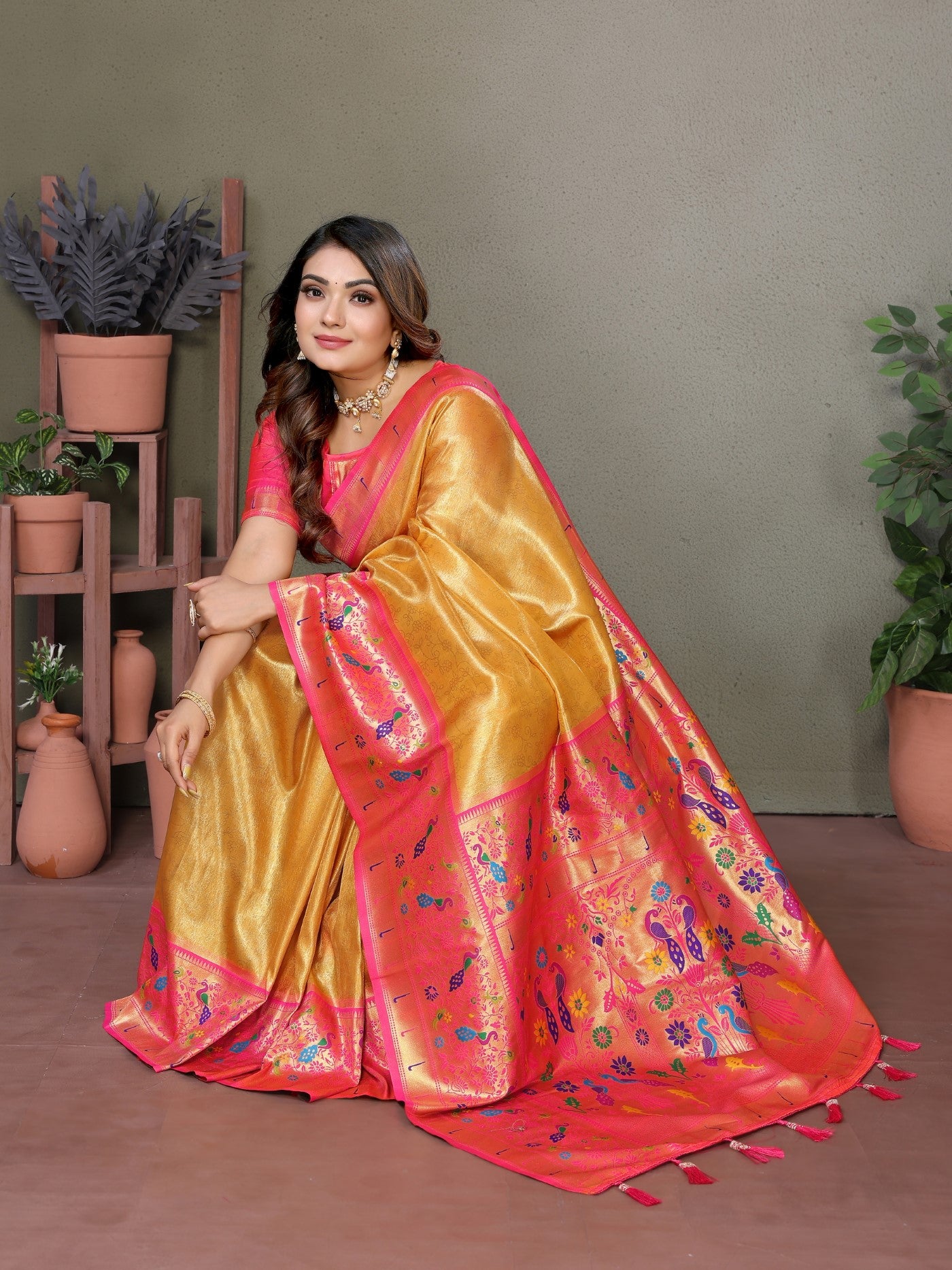 Yellow Tissue Silk Saree With Paithani Woven