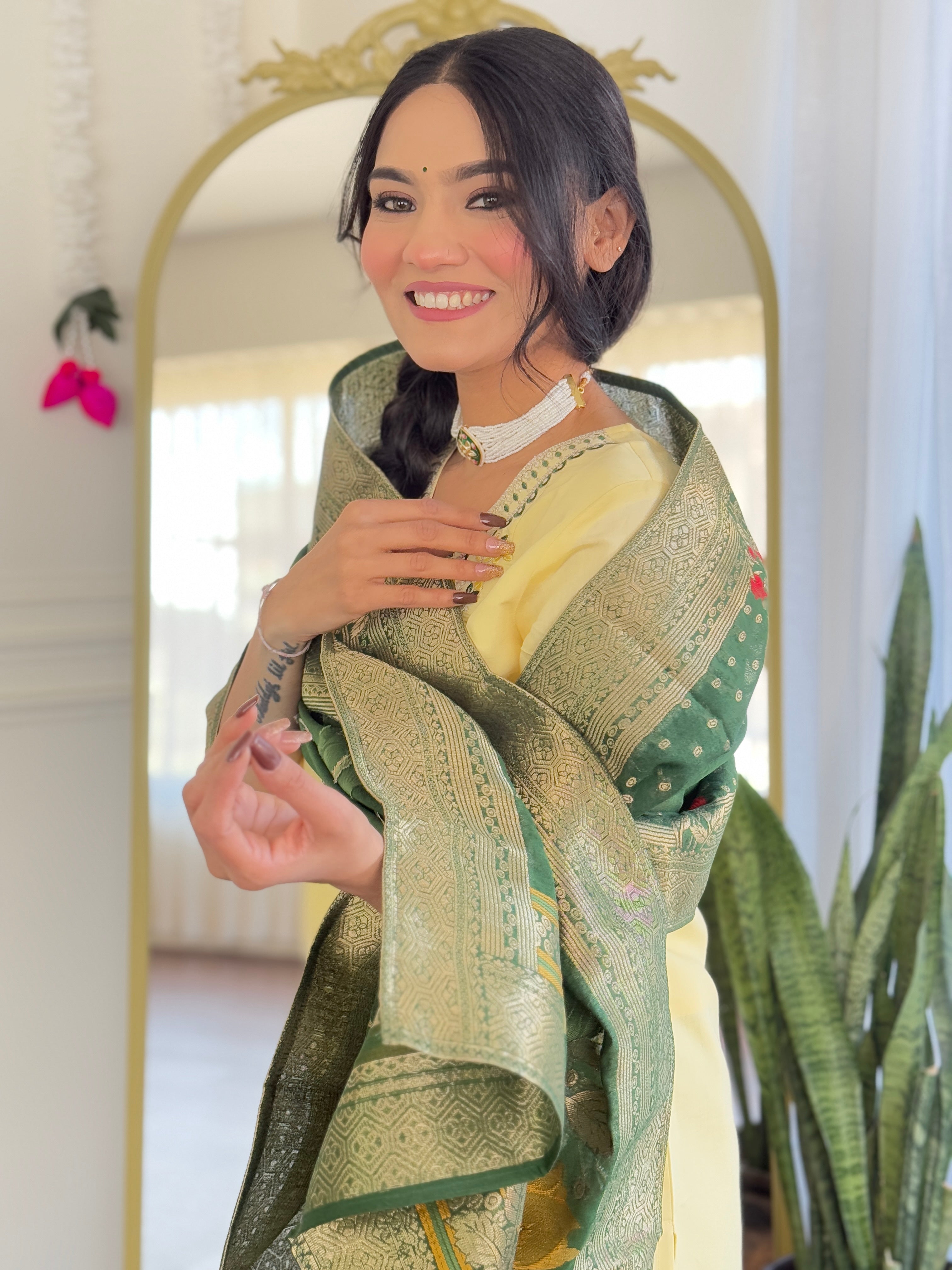 Yellow Viscose Chanderi Kurta Pant Set With Embroidery Work