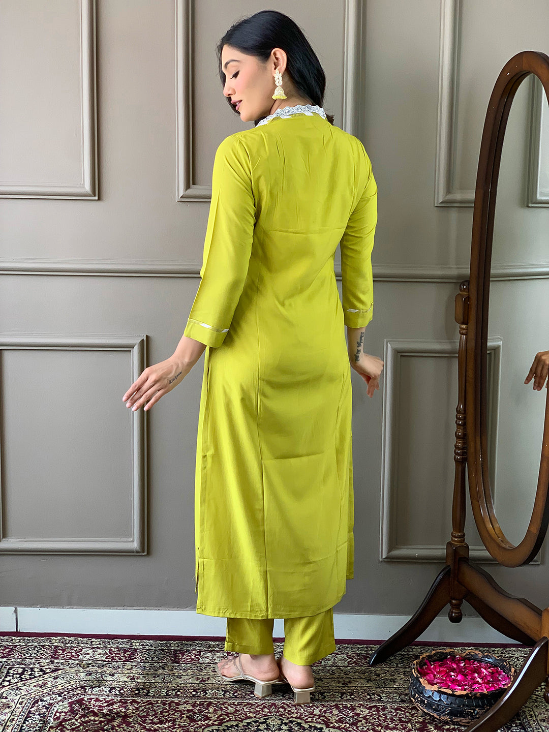 Yellow Viscose Elegant Kurta Pant Set With Embroidery Work
