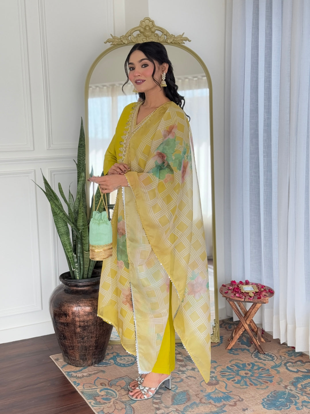 Yellow Viscose Elegant Kurta Pant Set With Embroidery Work