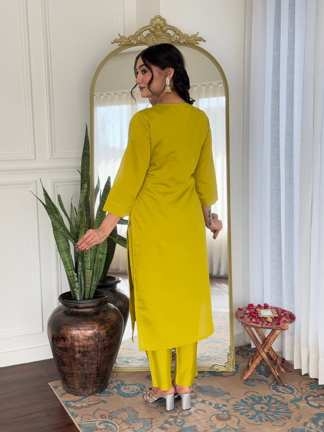 Yellow Viscose Elegant Kurta Pant Set With Embroidery Work