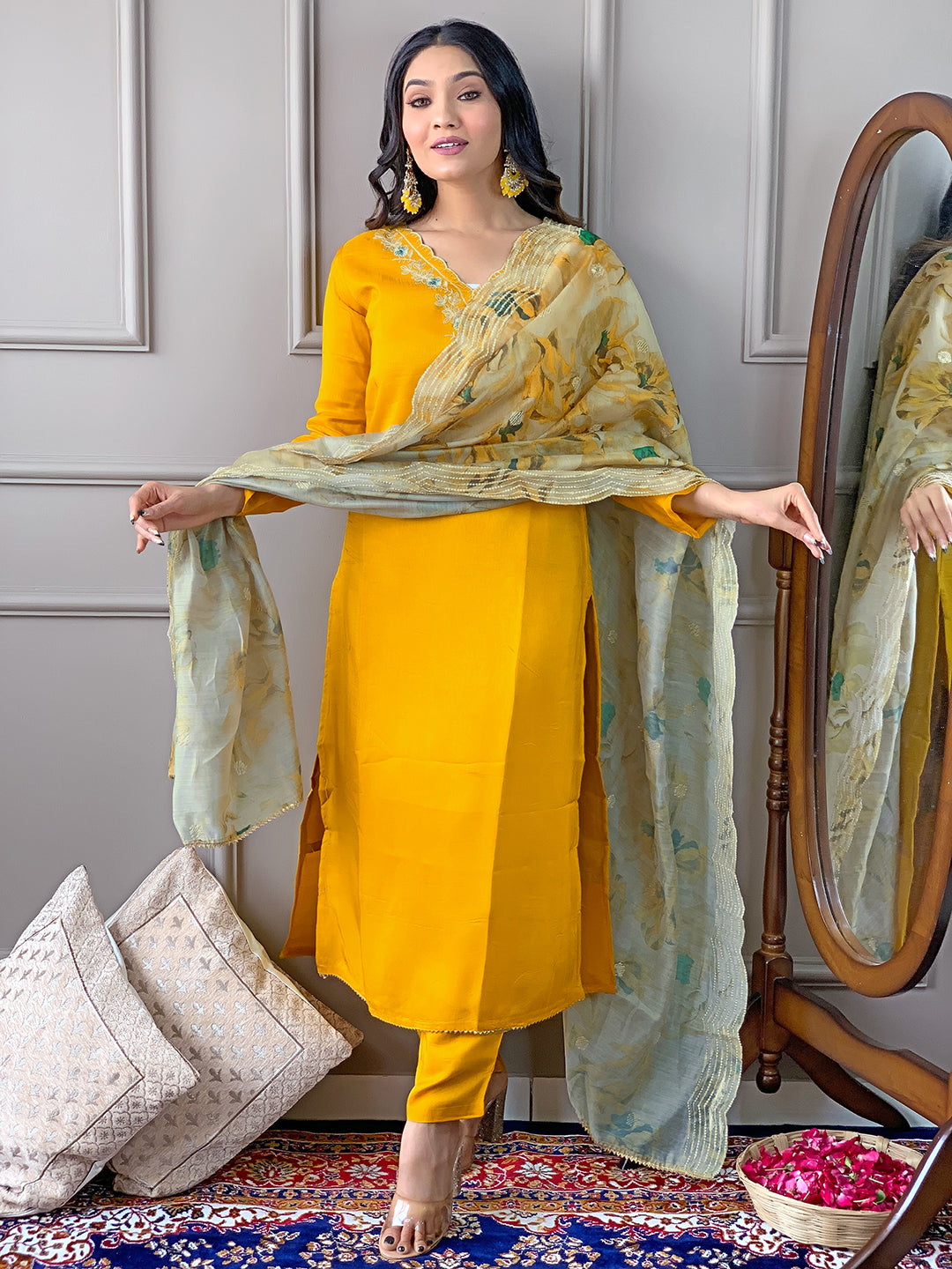 Yellow Viscose Elegant Kurta Pant Set With Embroidery Work