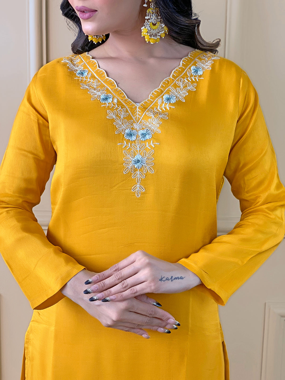 Yellow Viscose Elegant Kurta Pant Set With Embroidery Work