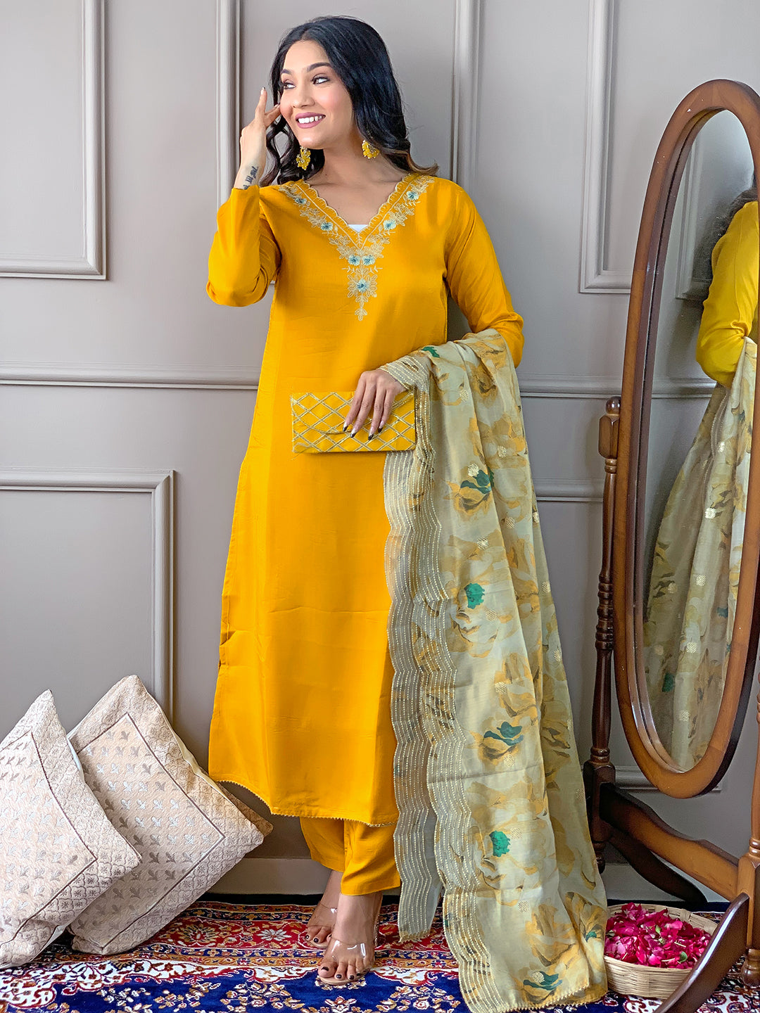 Yellow Viscose Elegant Kurta Pant Set With Embroidery Work