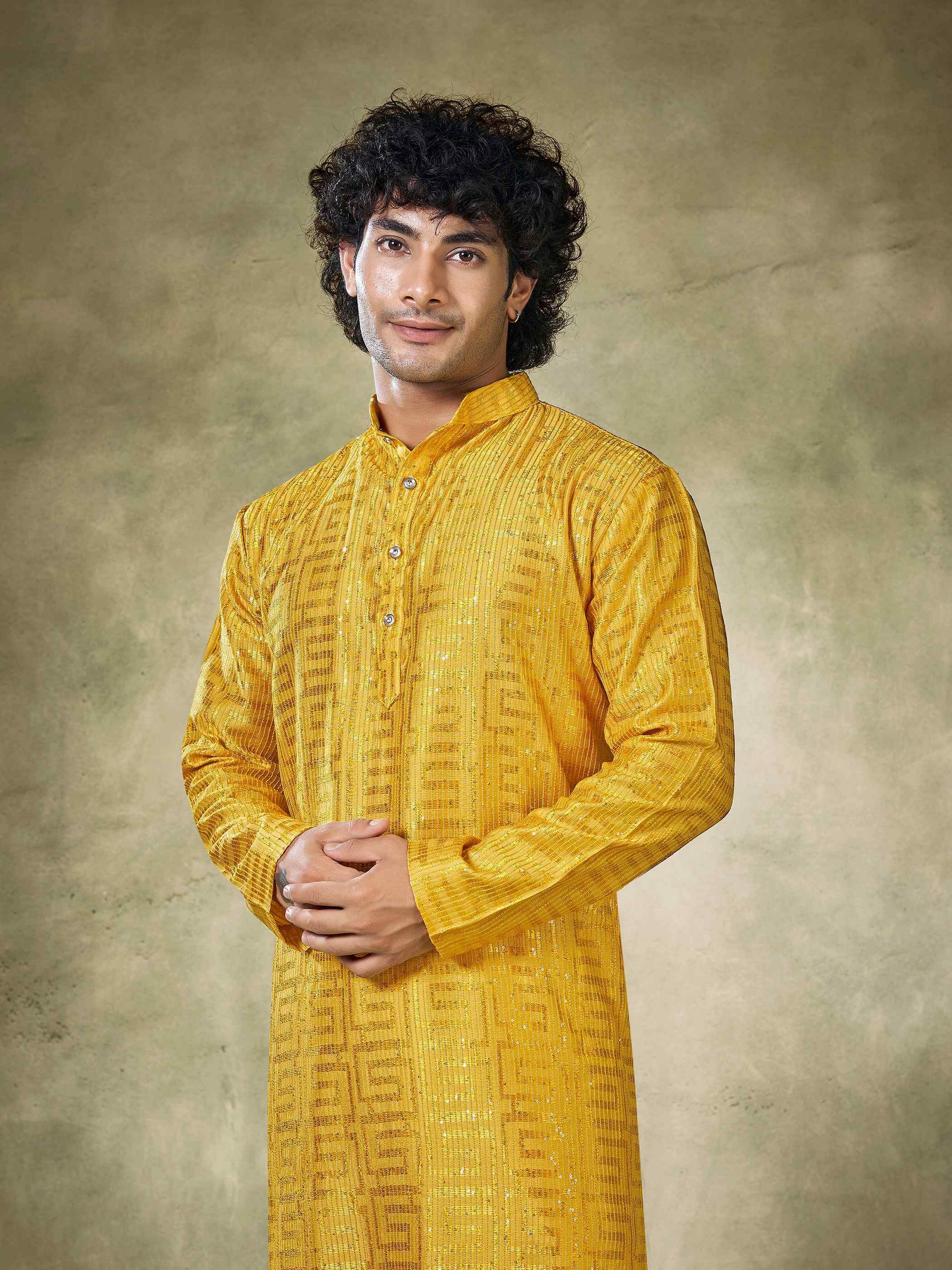 Yellow Viscose Kurta Payjama with Sequins Embroidery – Festive and Vibrant