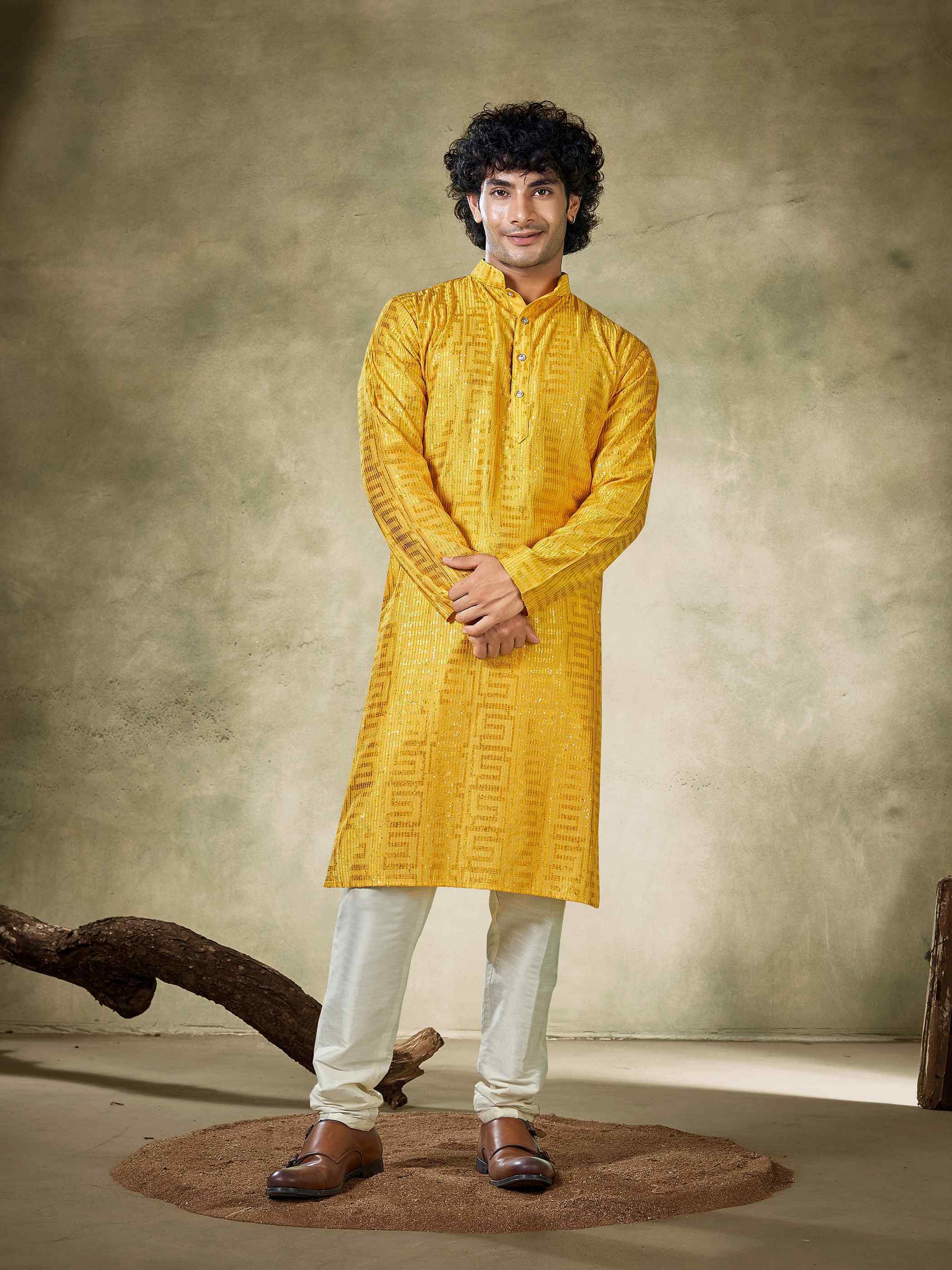 Yellow Viscose Kurta Payjama with Sequins Embroidery – Festive and Vibrant