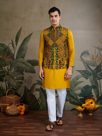 Yellow Viscose Silk Kurta with Swarovski Embroidery & Jacket