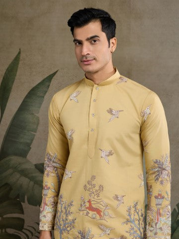 Yellow Viscose Silk Sequins Embroidery Ethnic Partywear Kurta