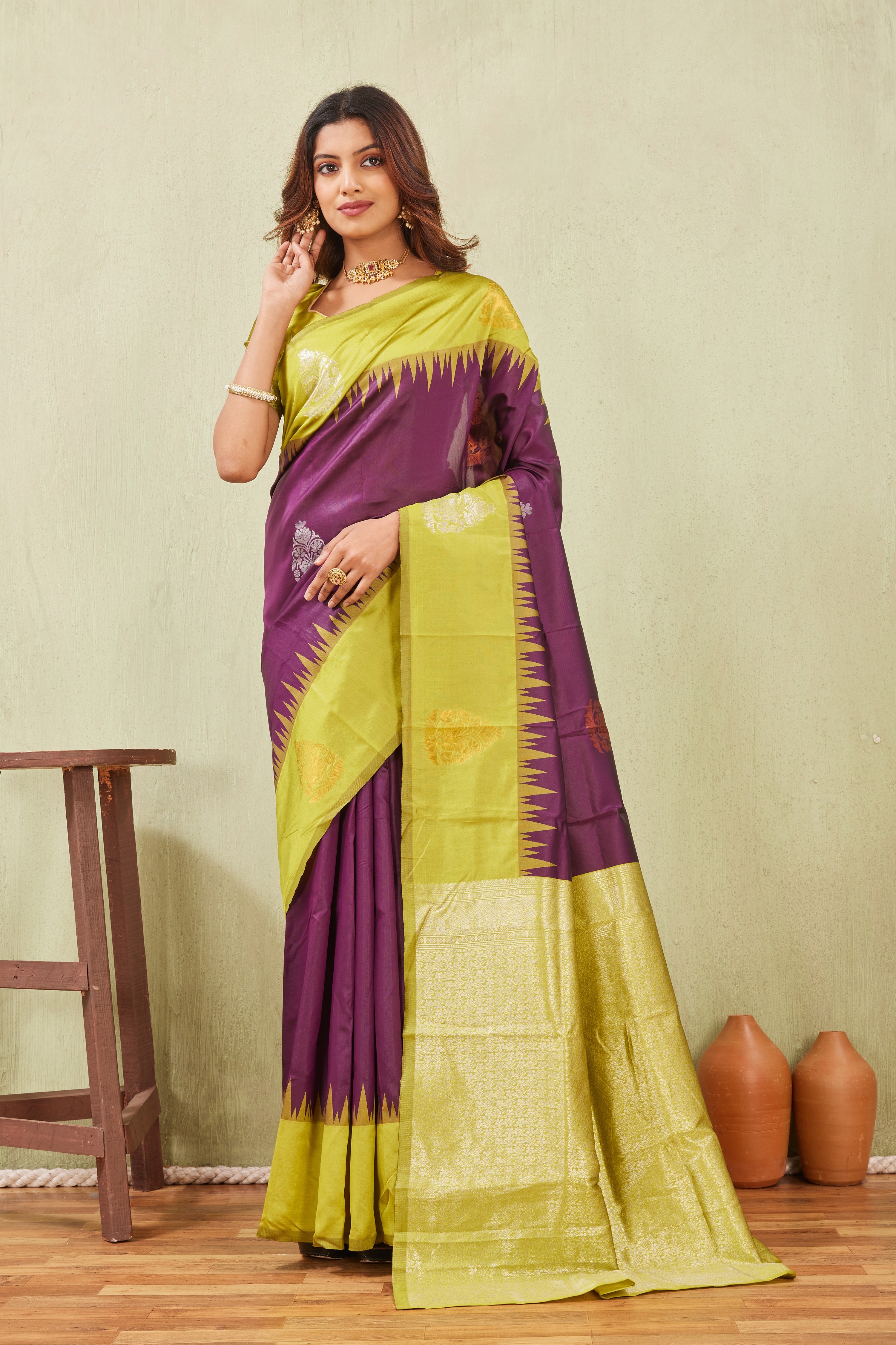 Yellow Wine Banarasi Silk Saree with Rich Pallu & Elegant Jacquard Jari Work