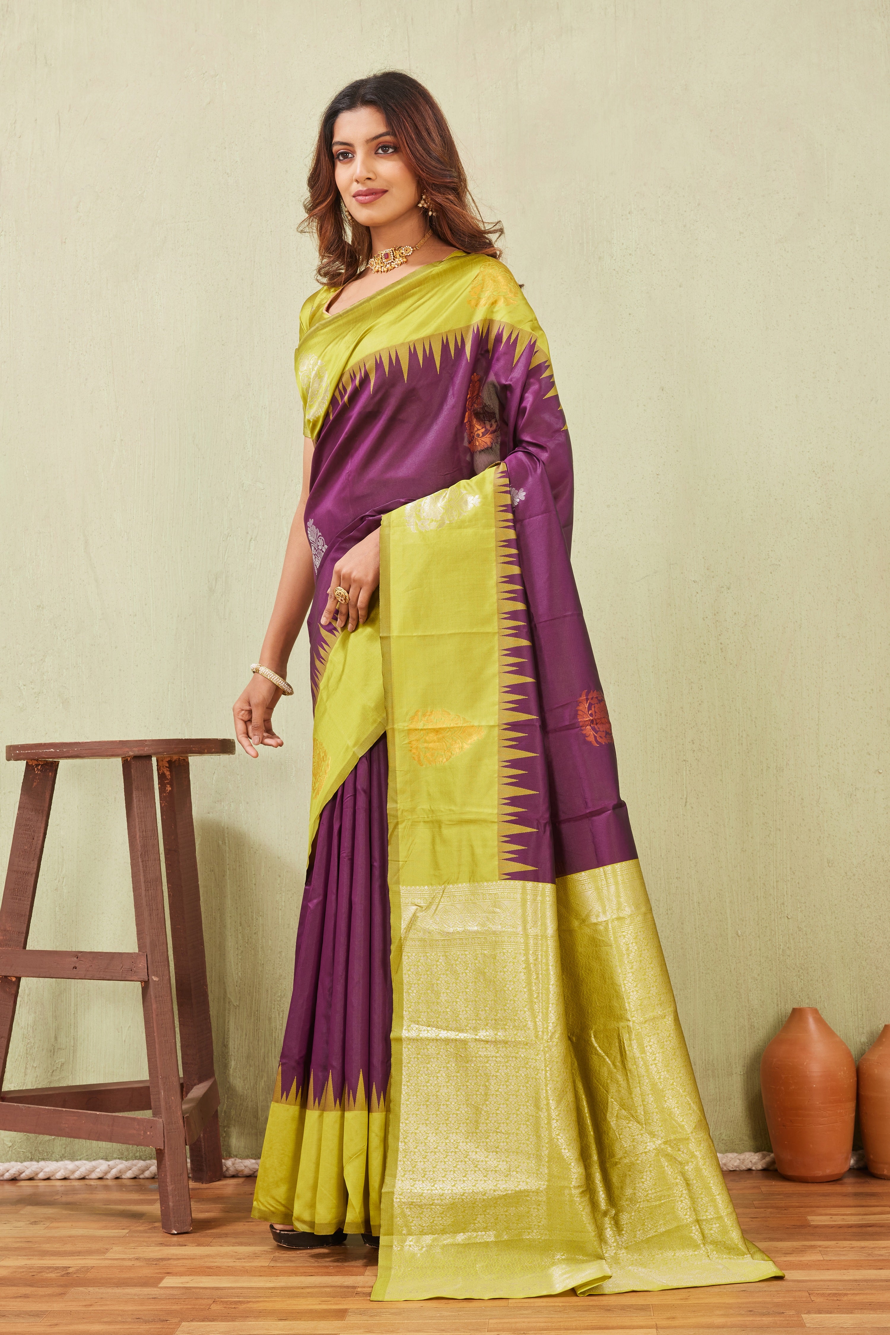 Yellow Wine Banarasi Silk Saree with Rich Pallu & Elegant Jacquard Jari Work