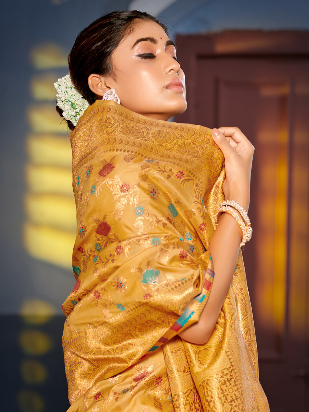 Yellow Woven Jacquard Designer Banarasi Silk Saree For Ethnic Indian Looks