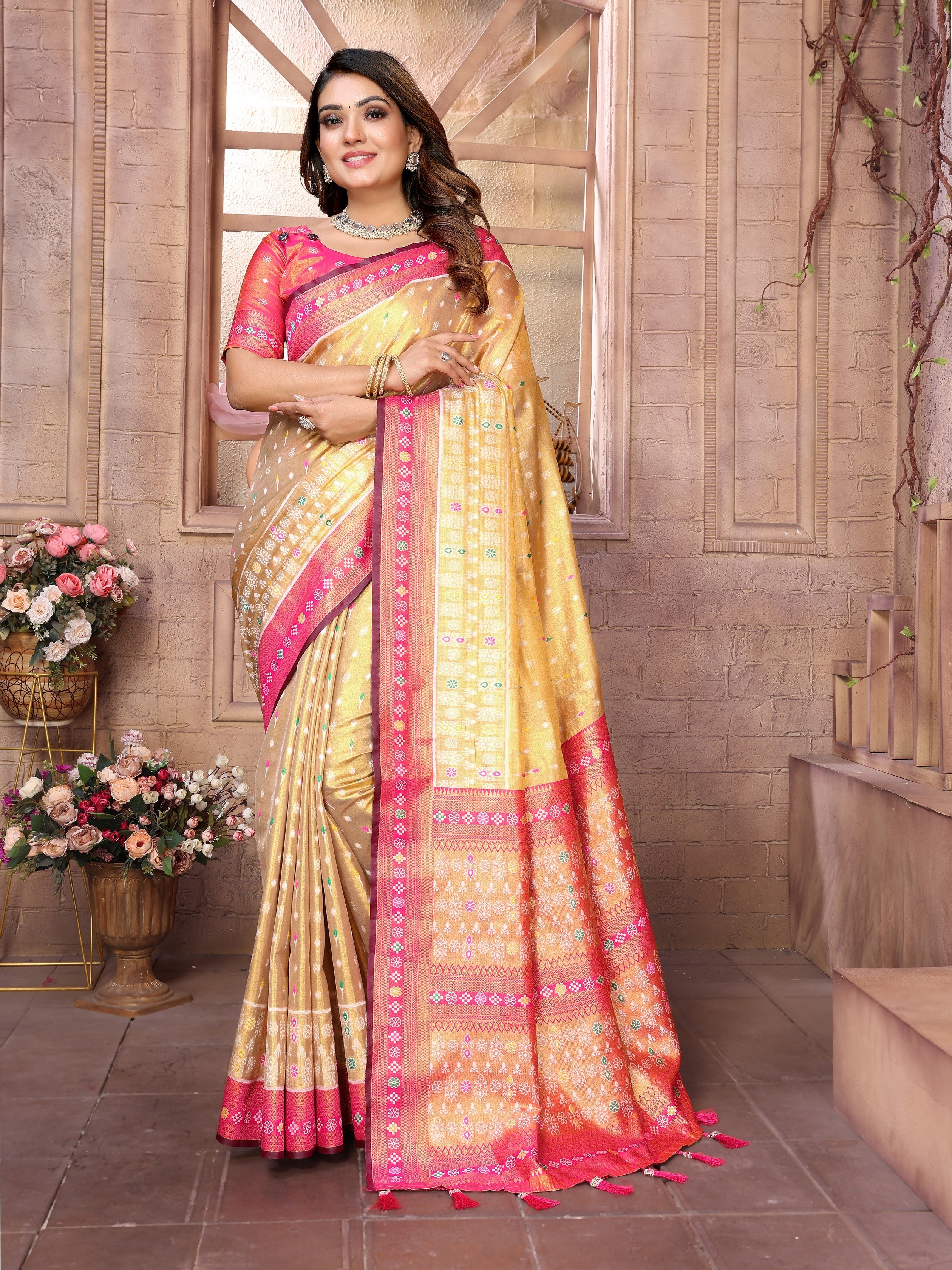Yellow Woven Patola Designer Banarasi Tissue Silk Saree