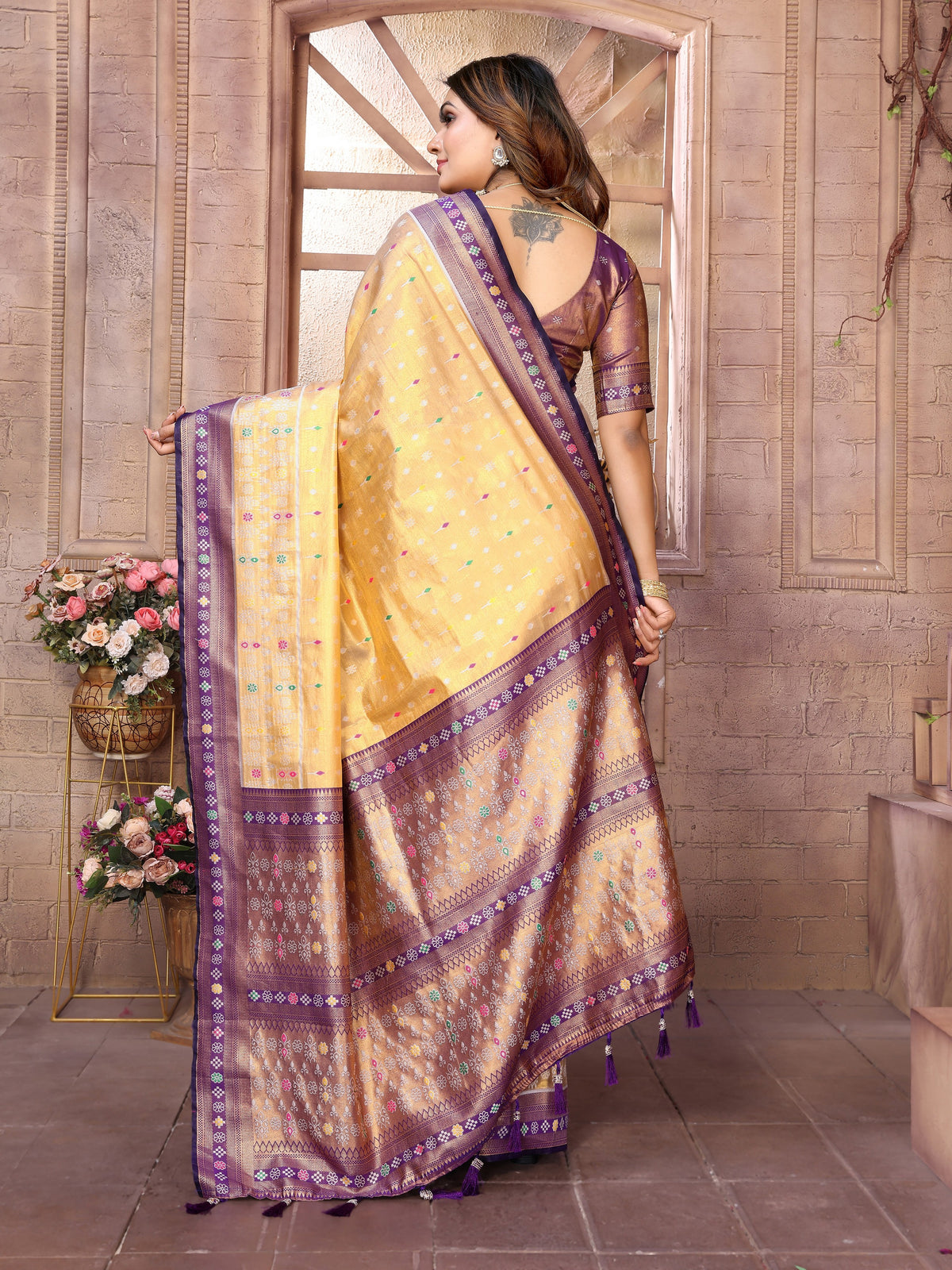 Yellow Woven Patola Designer Banarasi Tissue Silk Saree