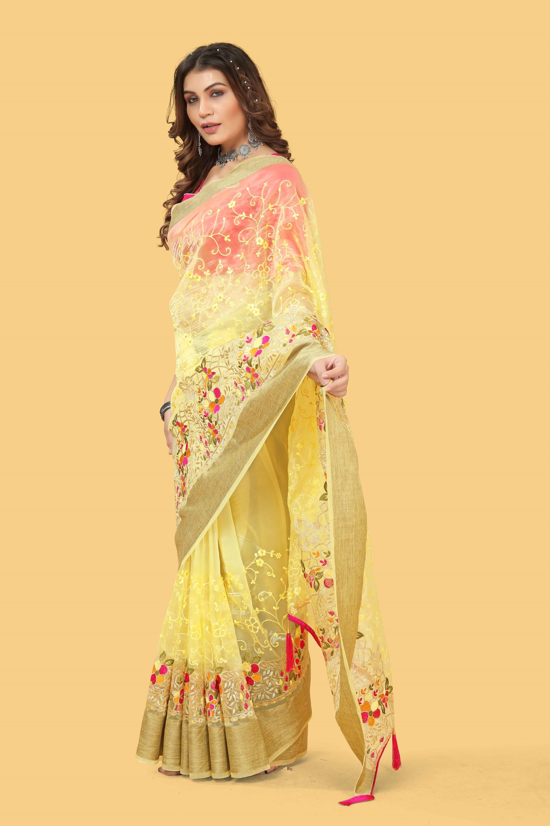 Yellow Woven Patta Organza Silk Saree With Embroidery And Stone Work