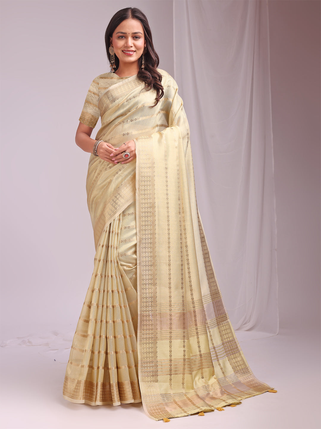 Yellow Woven Zari Designer Ethnic Organza Saree