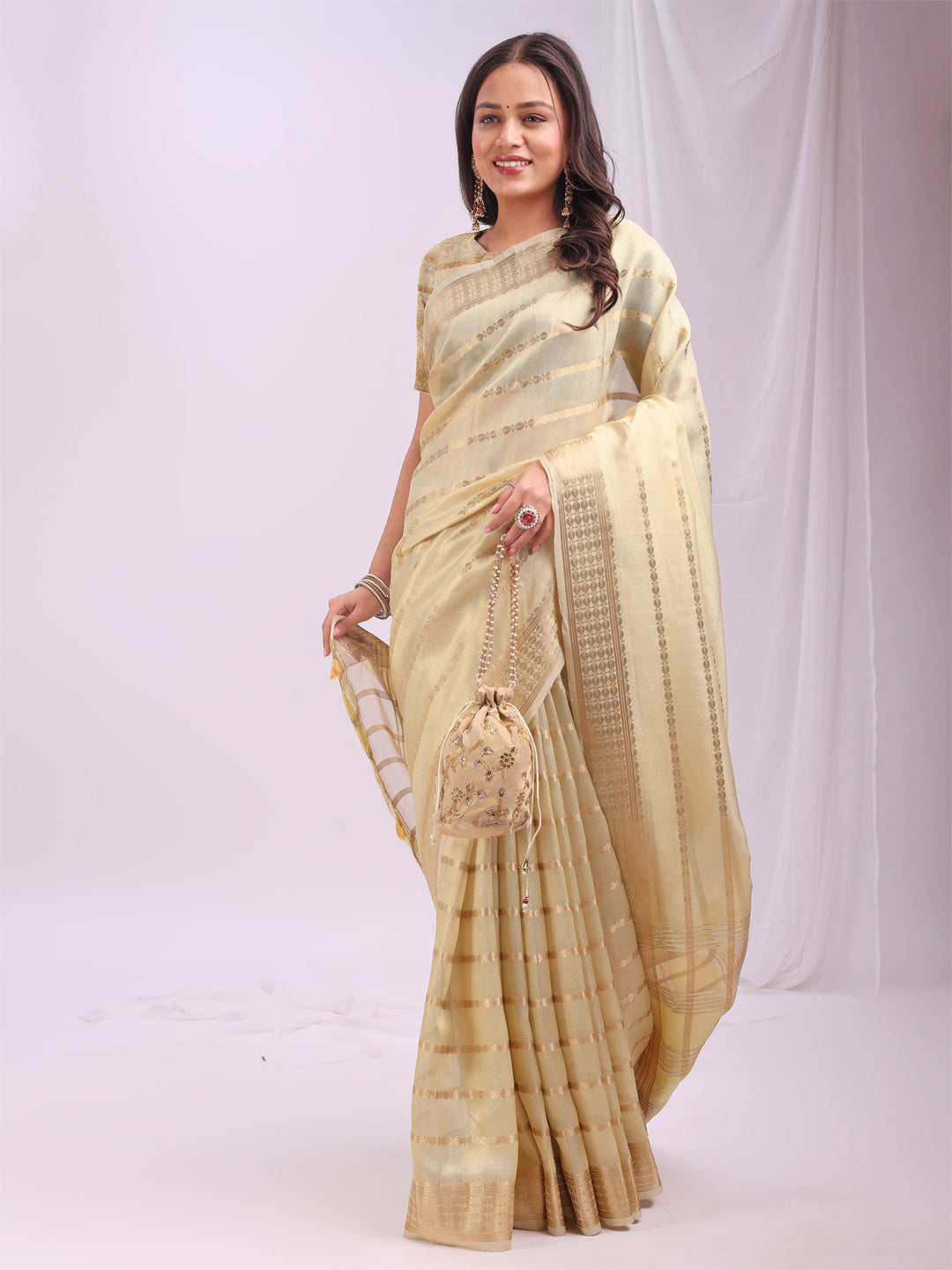 Yellow Woven Zari Designer Ethnic Organza Saree