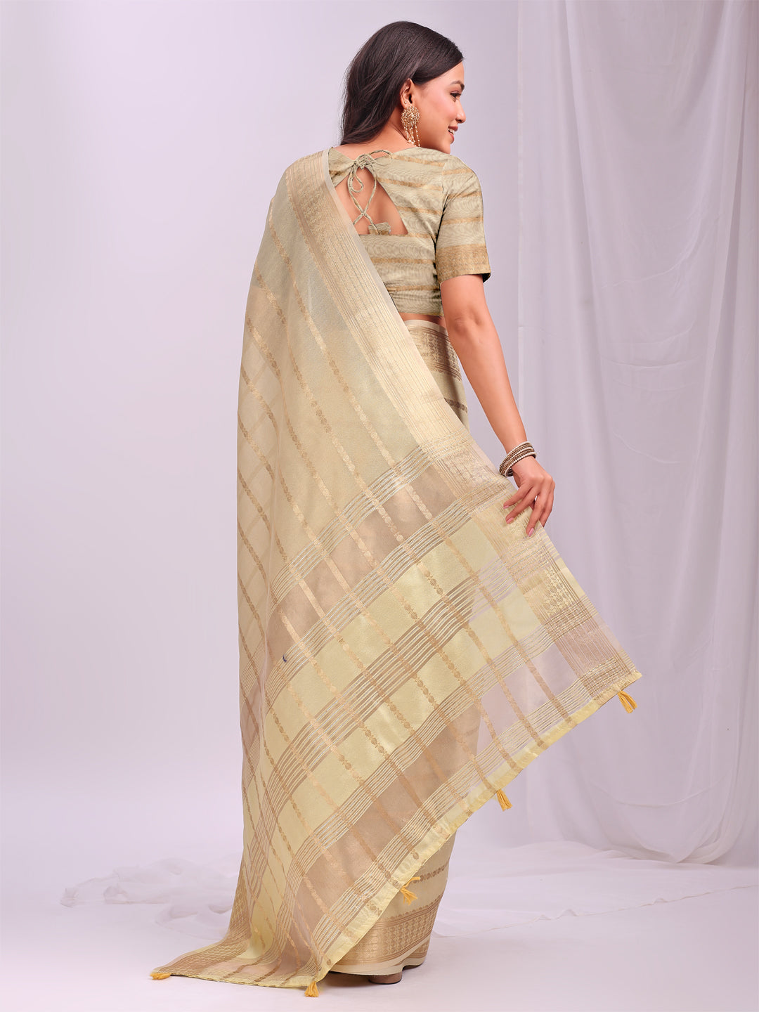 Yellow Woven Zari Designer Ethnic Organza Saree