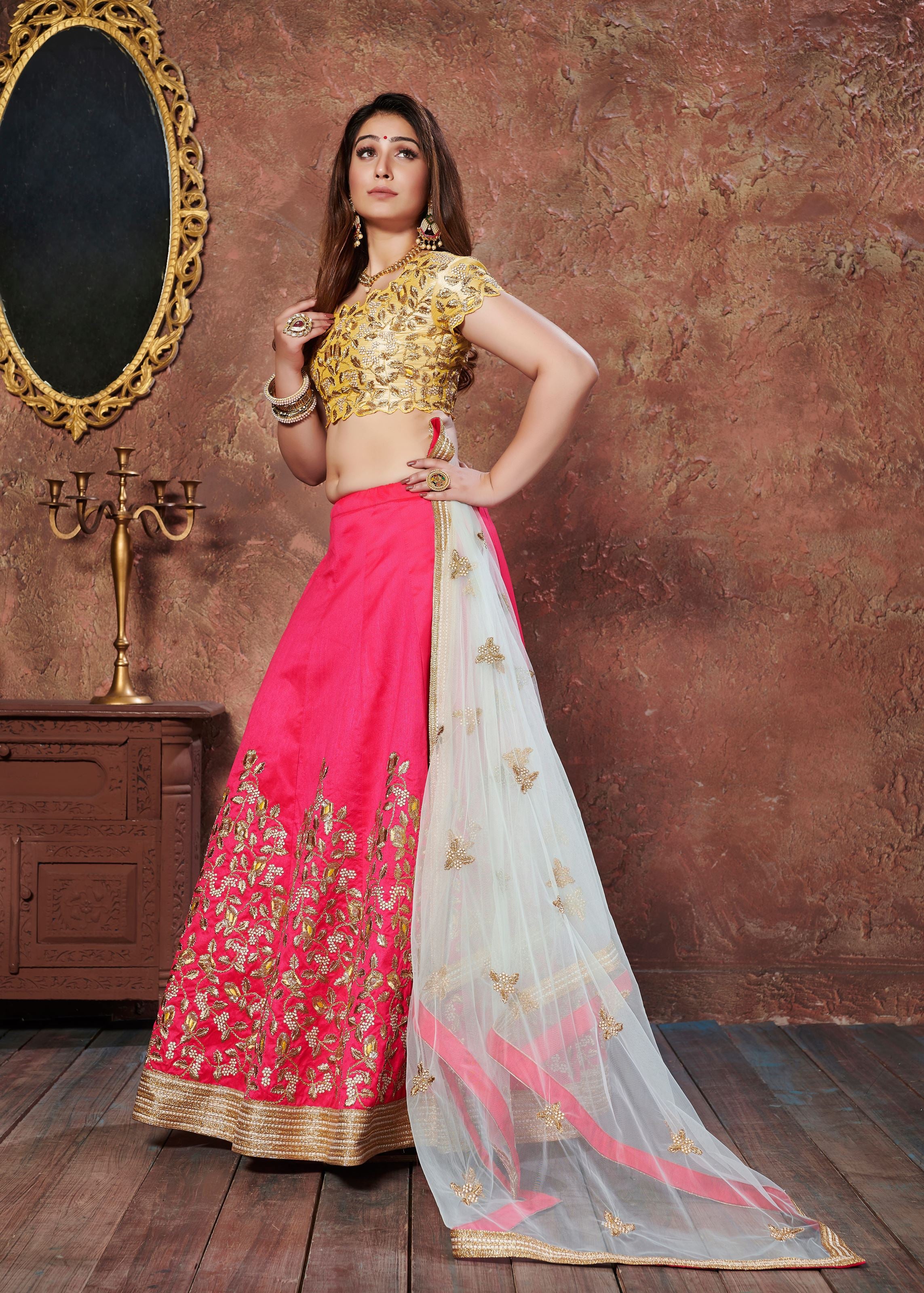 Yellow & Pink Lehenga Choli With Dori, Thread And Sequins Embroidery