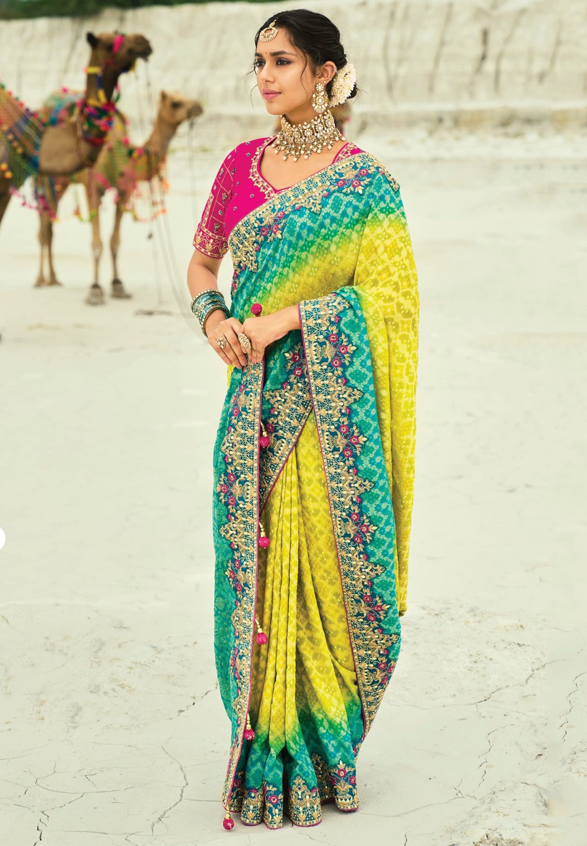 Yellow & Rama  Bandhej Saree with Heavy Hand Work Border With Embroidery Blouse