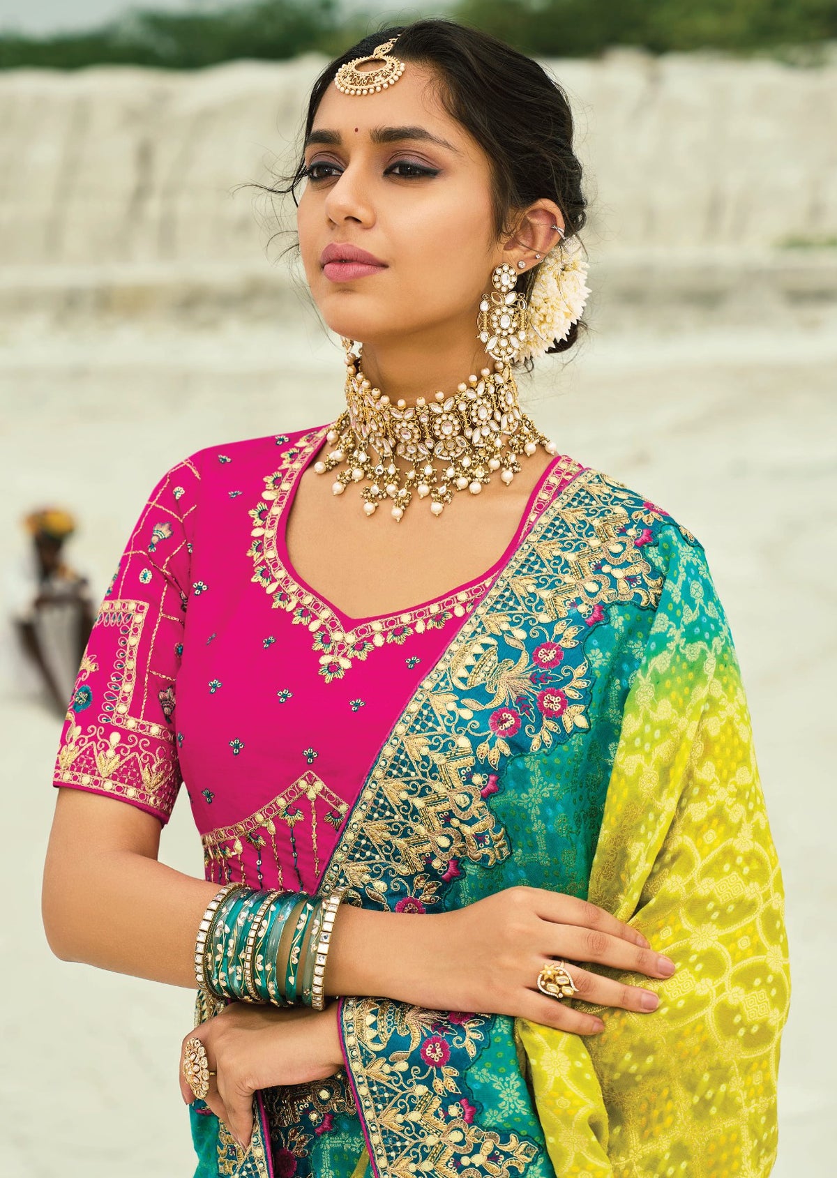 Yellow & Rama  Bandhej Saree with Heavy Hand Work Border With Embroidery Blouse