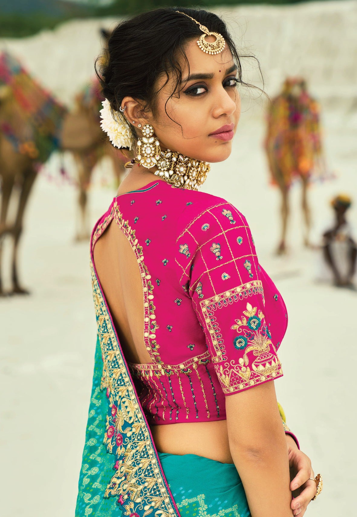 Yellow & Rama  Bandhej Saree with Heavy Hand Work Border With Embroidery Blouse