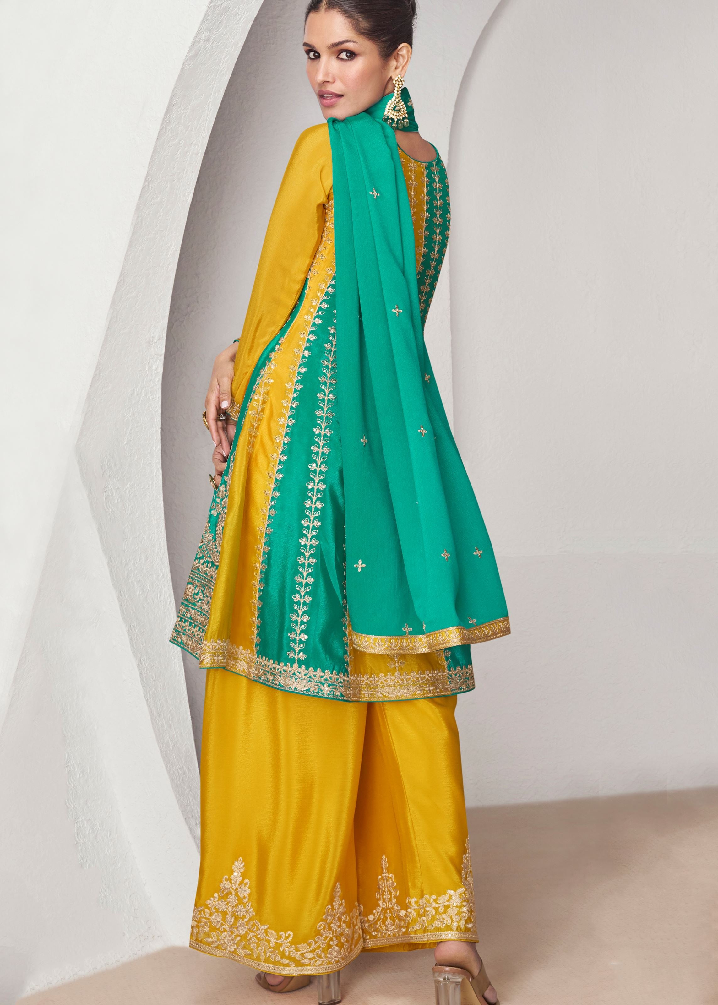 Yellow & Rama Salwar kameez with Heavy Thread Embroidery With Sequins Work