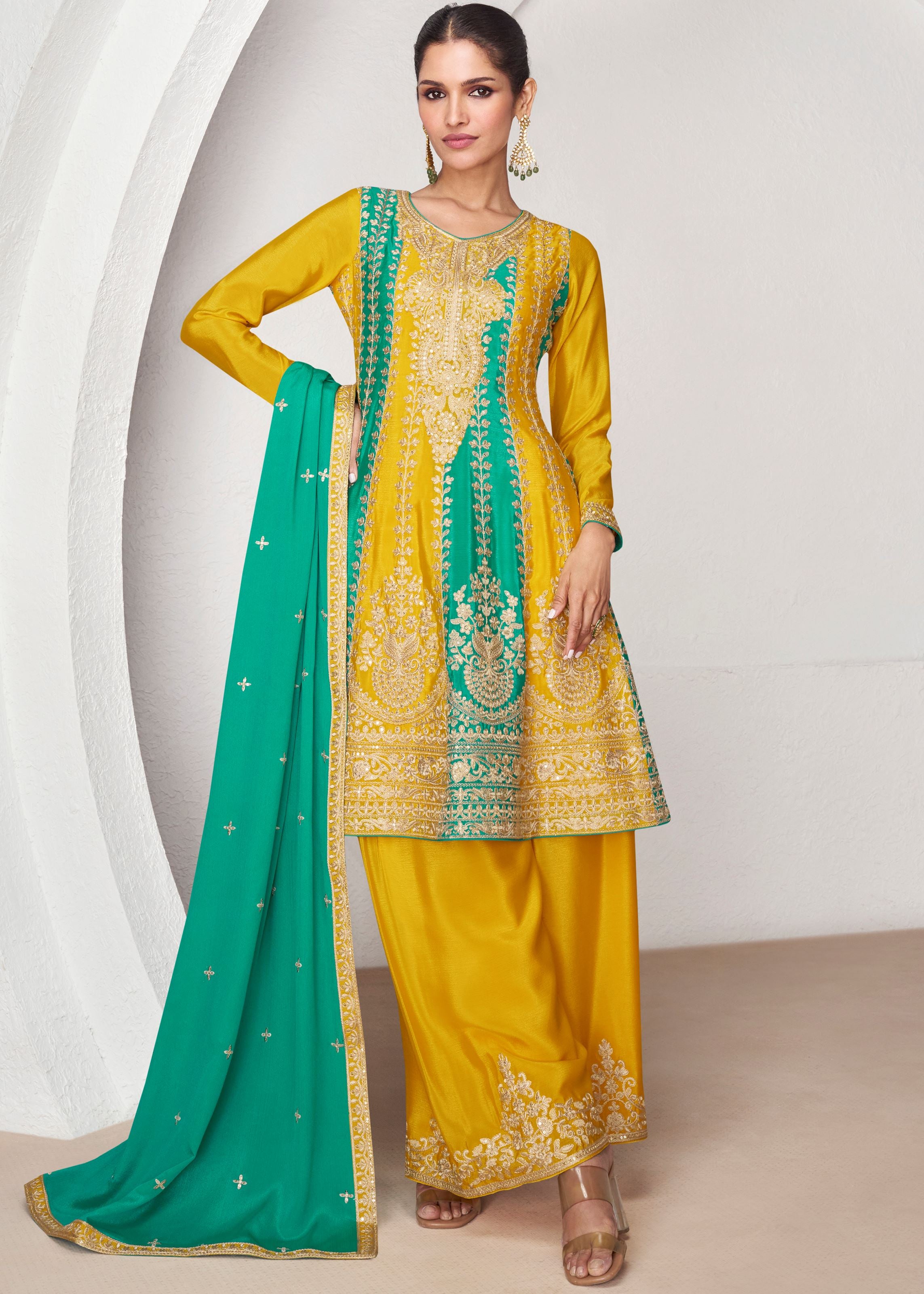 Yellow & Rama Salwar kameez with Heavy Thread Embroidery With Sequins Work