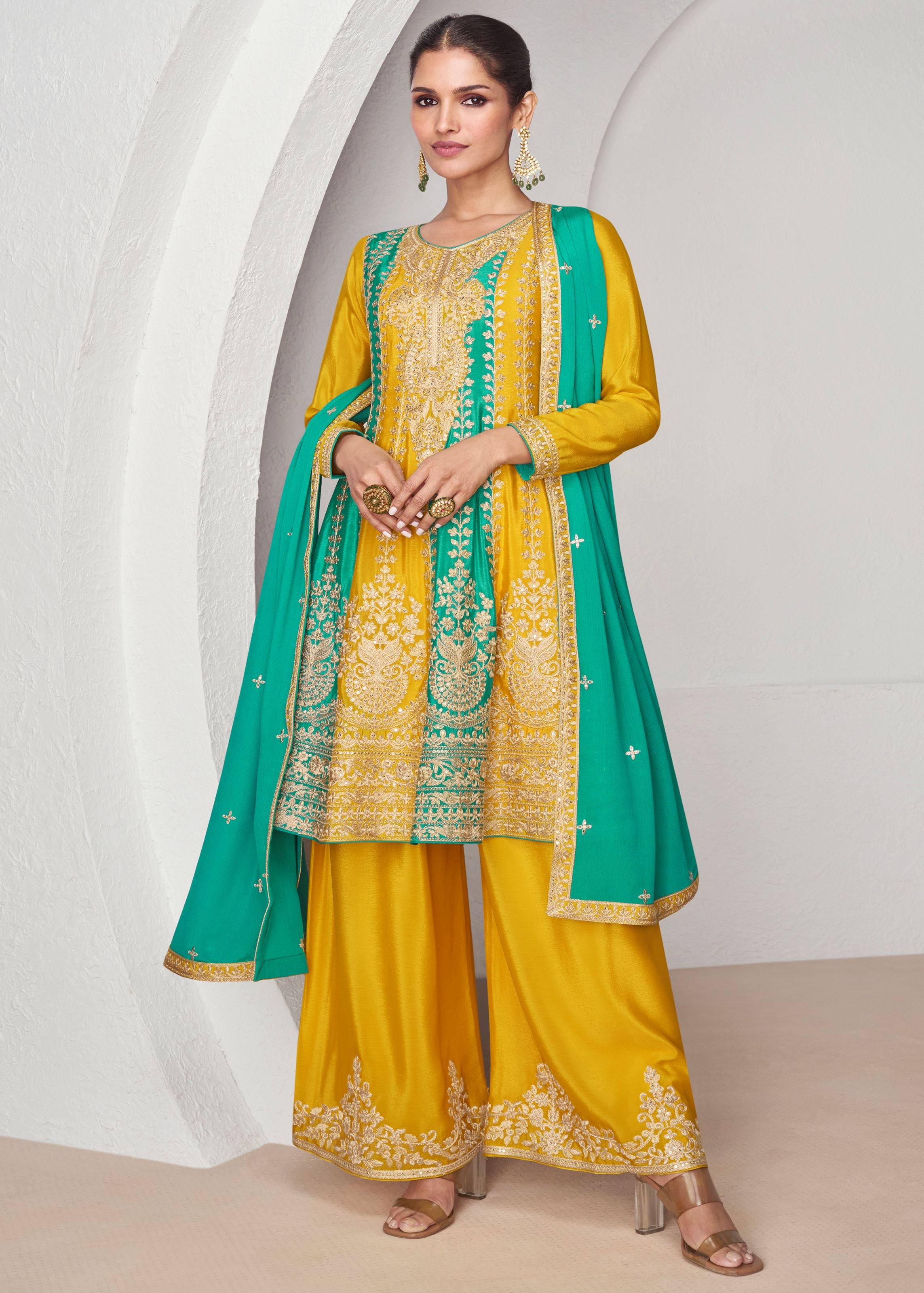 Yellow & Rama Salwar kameez with Heavy Thread Embroidery With Sequins Work