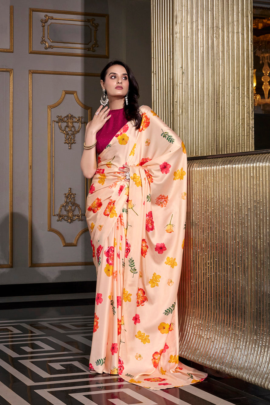 cream Printed Satin Silk Saree with Smooth Elegance