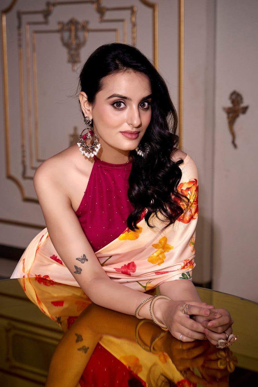 cream Printed Satin Silk Saree with Smooth Elegance