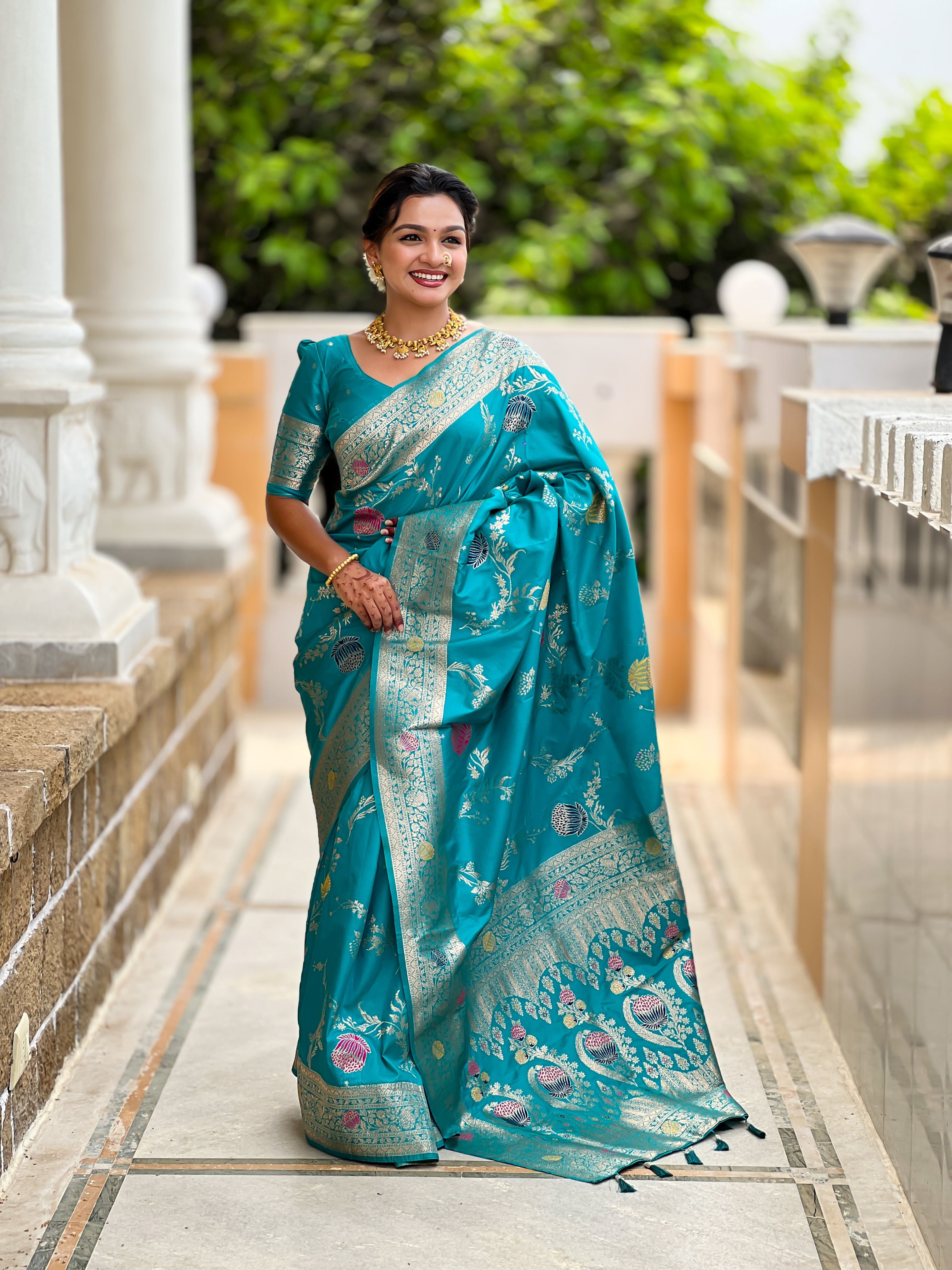 Sea Green Beautiful Banarasi Silk Woven Meenakari Designer Graceful Ethnic Saree