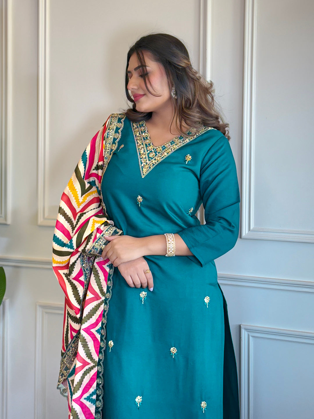 Rama Viscose Elegant Kurta Pant Set With Embroidery Work