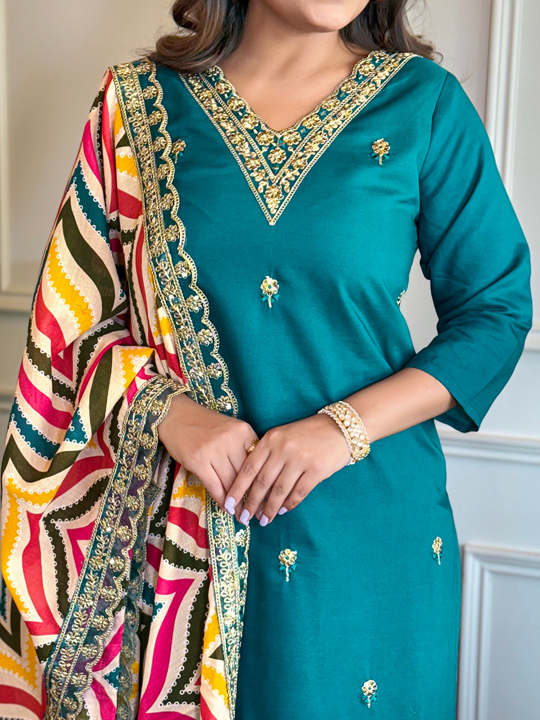 Rama Viscose Elegant Kurta Pant Set With Embroidery Work